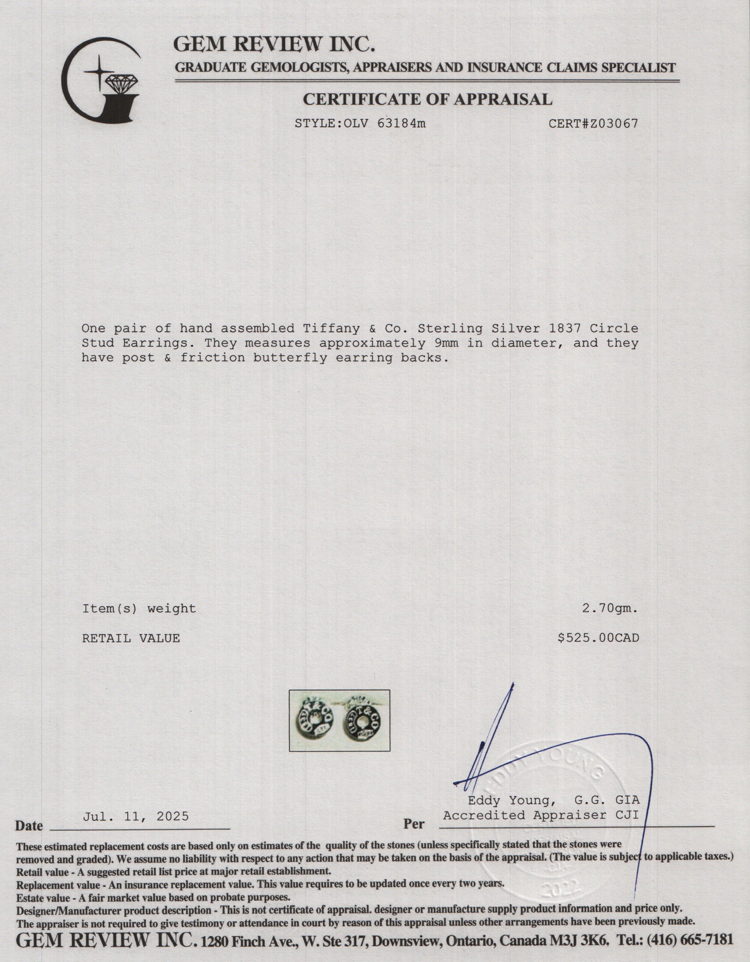 Tiffany & Co. Sterling Silver 1837 Circle Stud Earrings