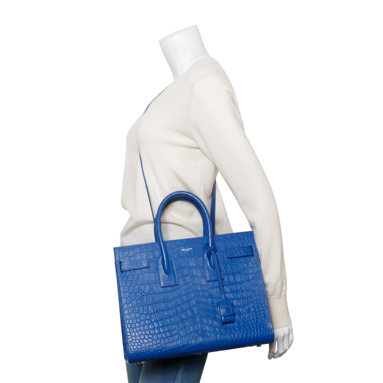 Saint Laurent Blue Crocodile Embossed Calfskin Leather Small Sac De Jour w/ Strap