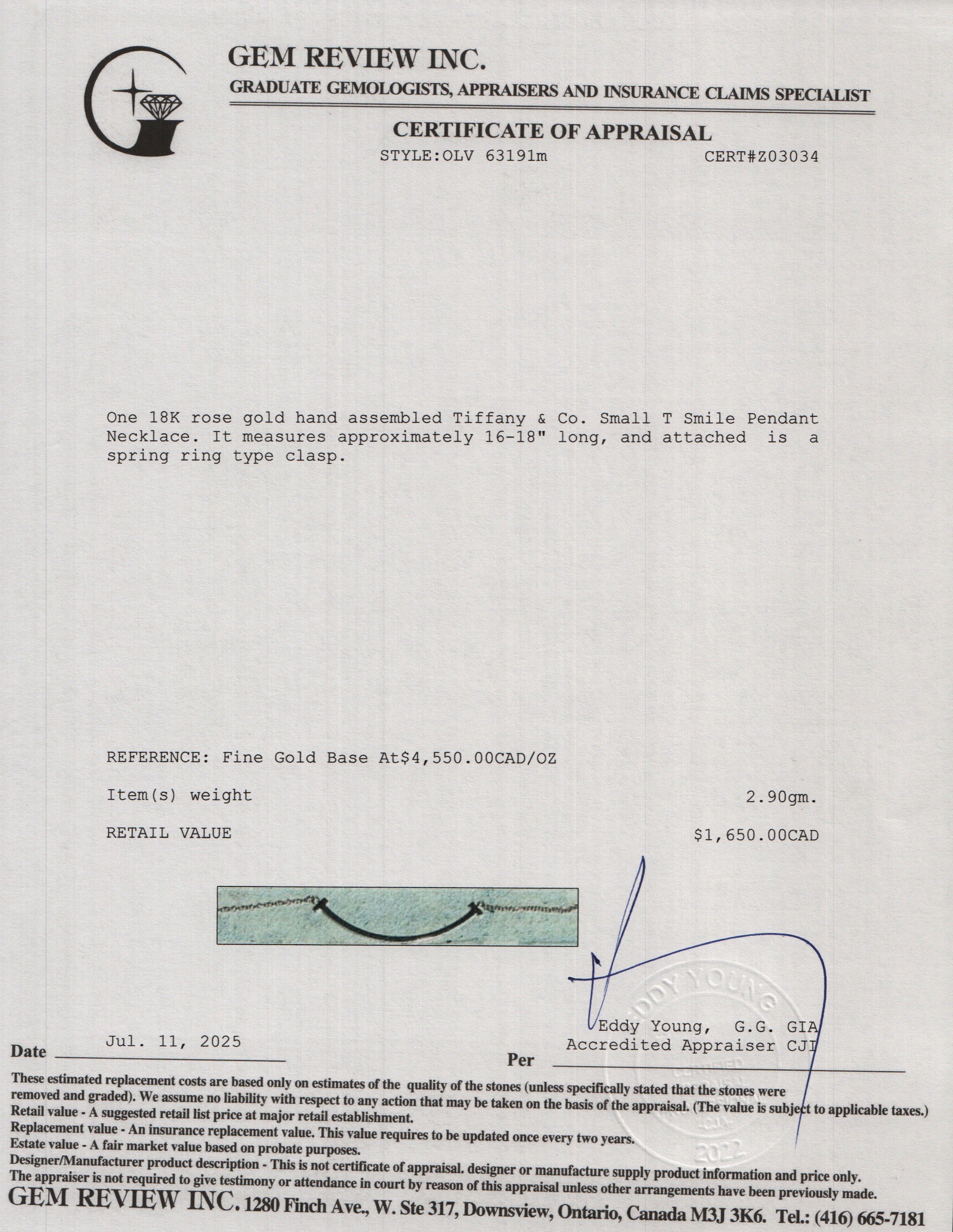 Tiffany & Co. 18k Rose Gold Small T Smile Pendant Necklace w/ Box