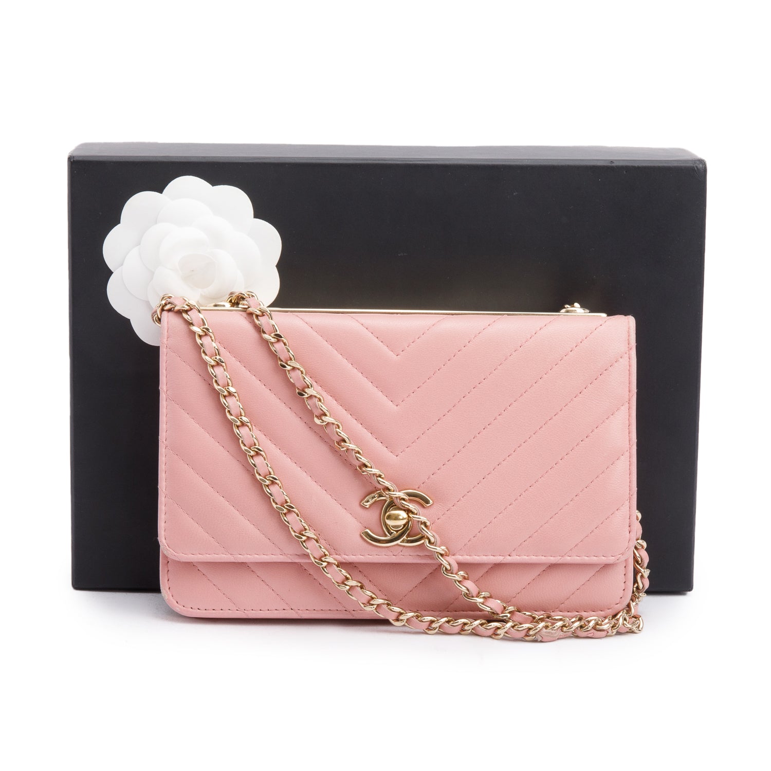 Chanel Pink Chevron Quilted Lambskin Leather Trendy Wallet on Chain w/ Box