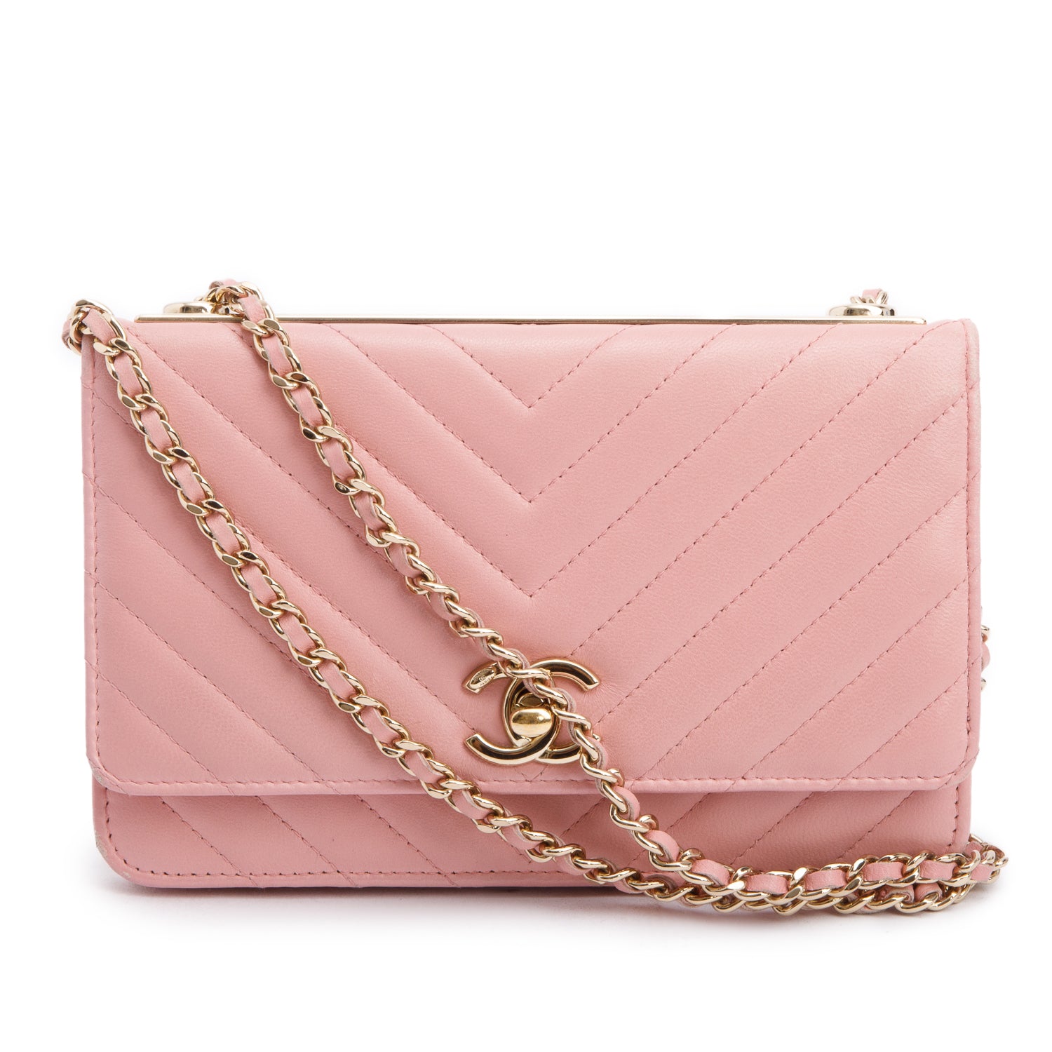 Chanel Pink Chevron Quilted Lambskin Leather Trendy Wallet on Chain w/ Box