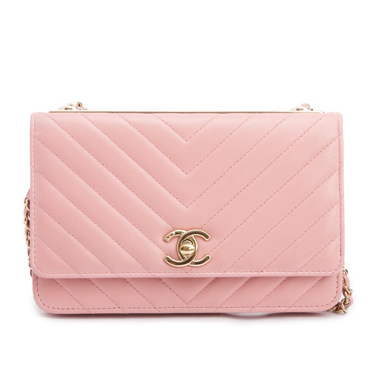 Chanel Pink Chevron Quilted Lambskin Leather Trendy Wallet on Chain w/ Box