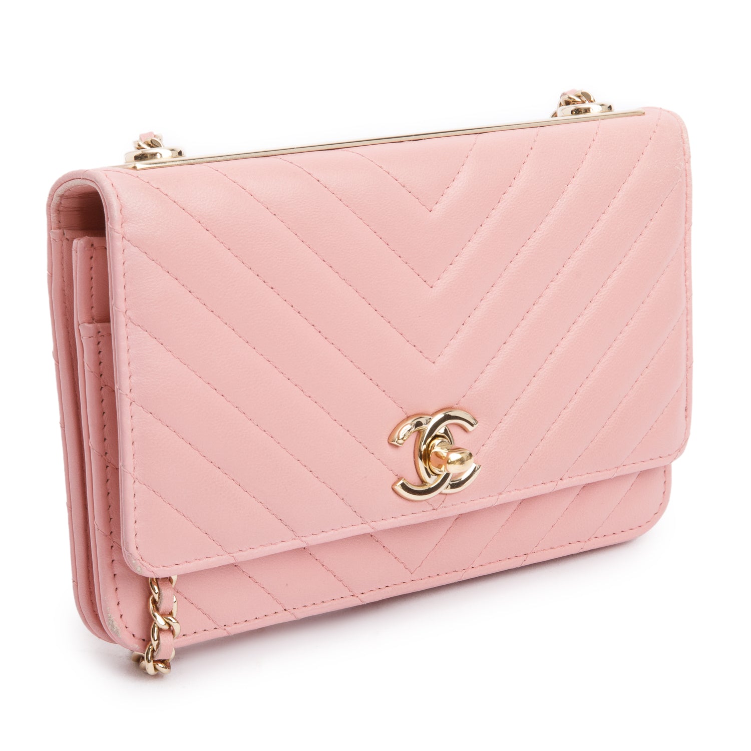 Chanel Pink Chevron Quilted Lambskin Leather Trendy Wallet on Chain w/ Box