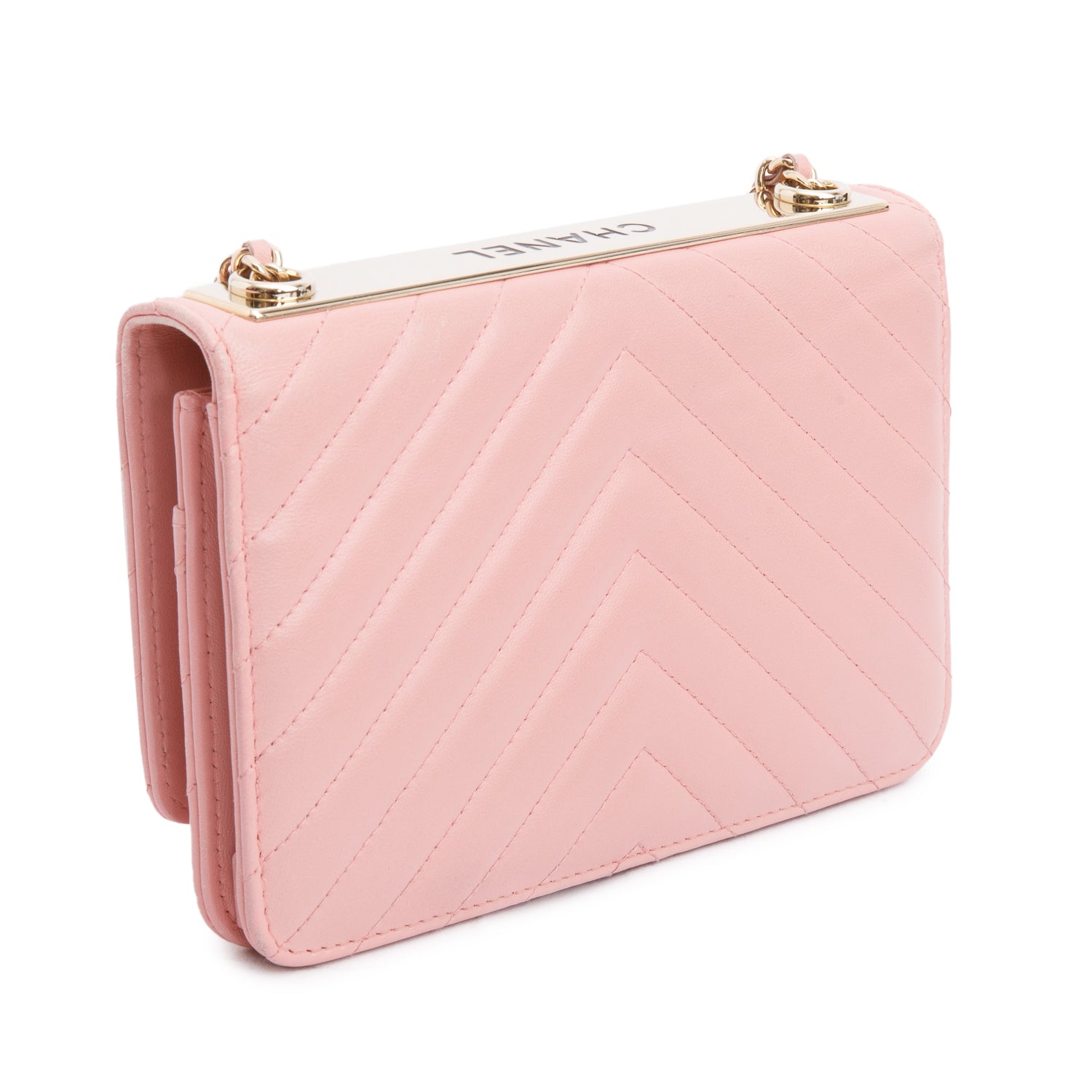 Chanel Pink Chevron Quilted Lambskin Leather Trendy Wallet on Chain w/ Box