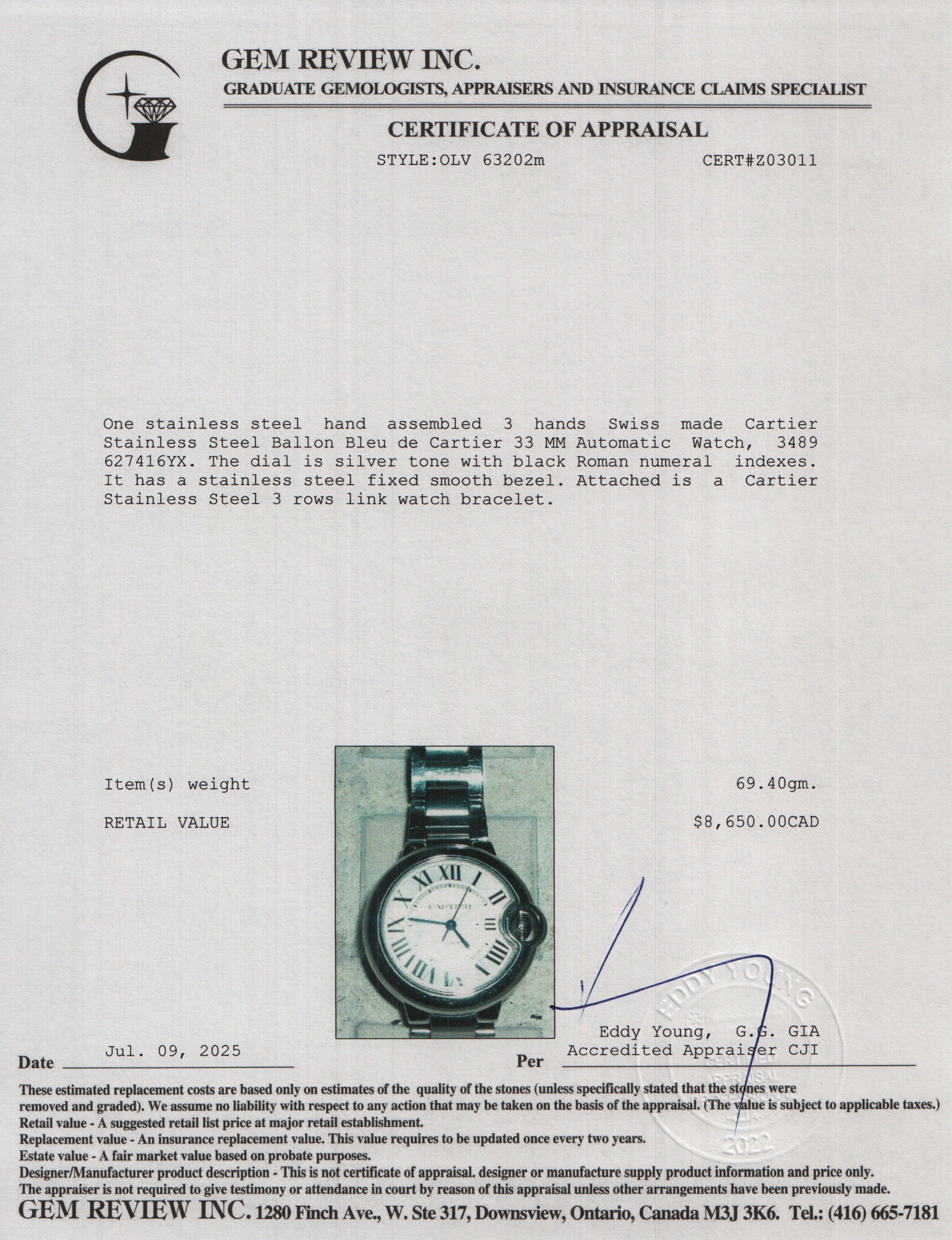 Cartier Stainless Steel Ballon Bleu de Cartier 33 MM Automatic Watch 3489 w/ Box & Papers