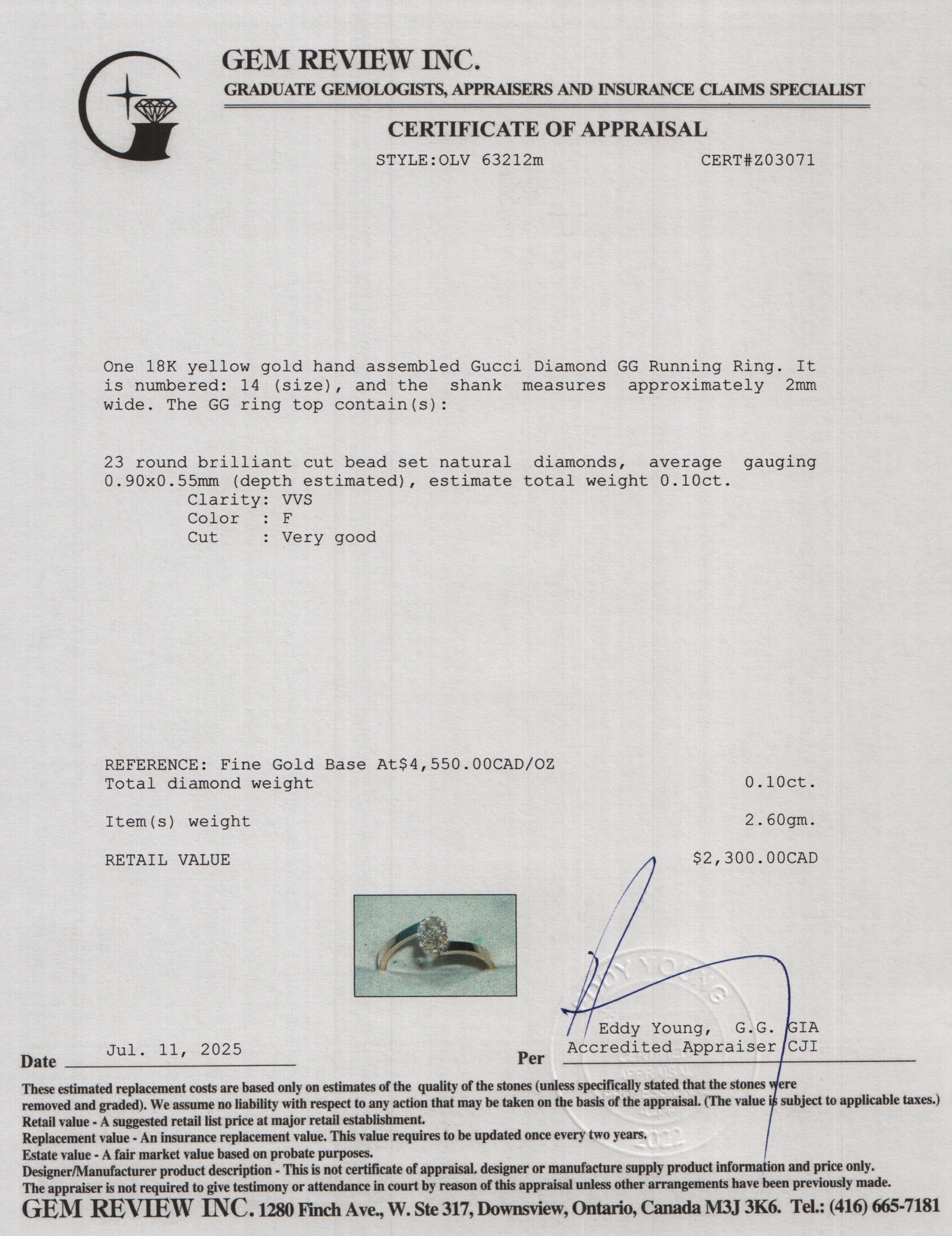 Gucci 18k Yellow Gold Diamond GG Running Ring, Size 14 6.75