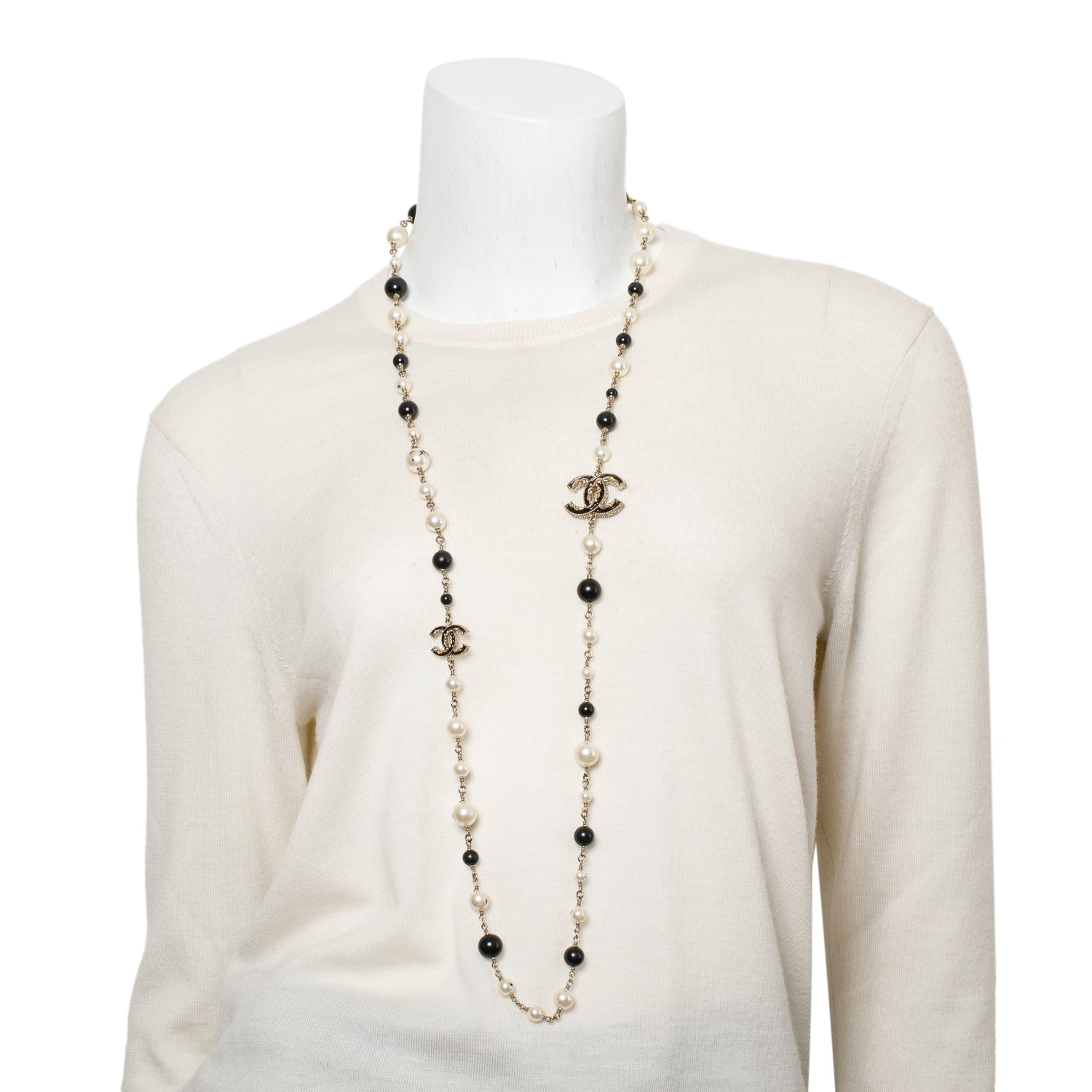 Chanel Gold-Plated Faux Pearl & Resin Bead Enamel CC Long Station Necklace w/ Box & Receipt