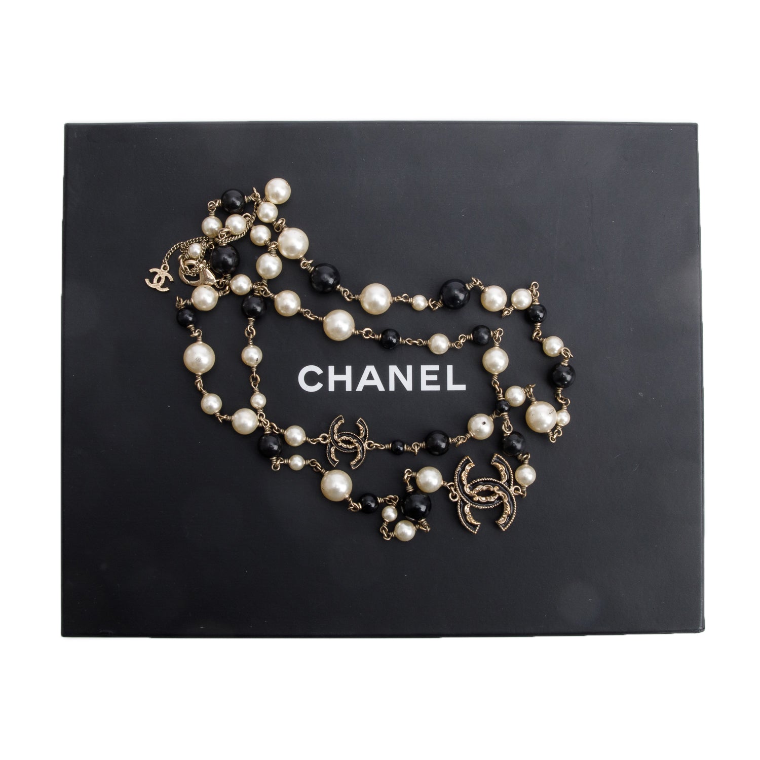Chanel Gold-Plated Faux Pearl & Resin Bead Enamel CC Long Station Necklace w/ Box & Receipt