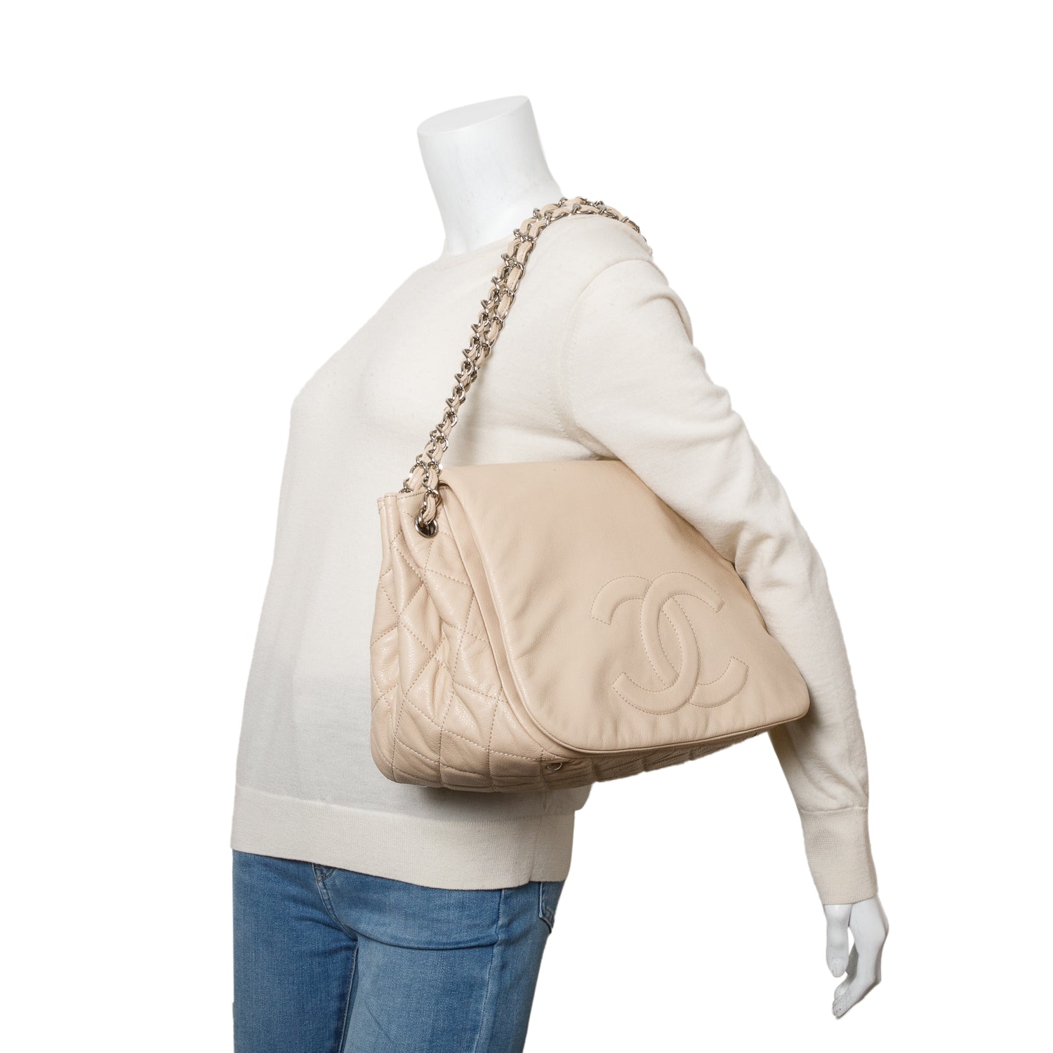 Chanel White Caviar Leather CC Timeless Accordion Flap Bag w/ Authenticity Card