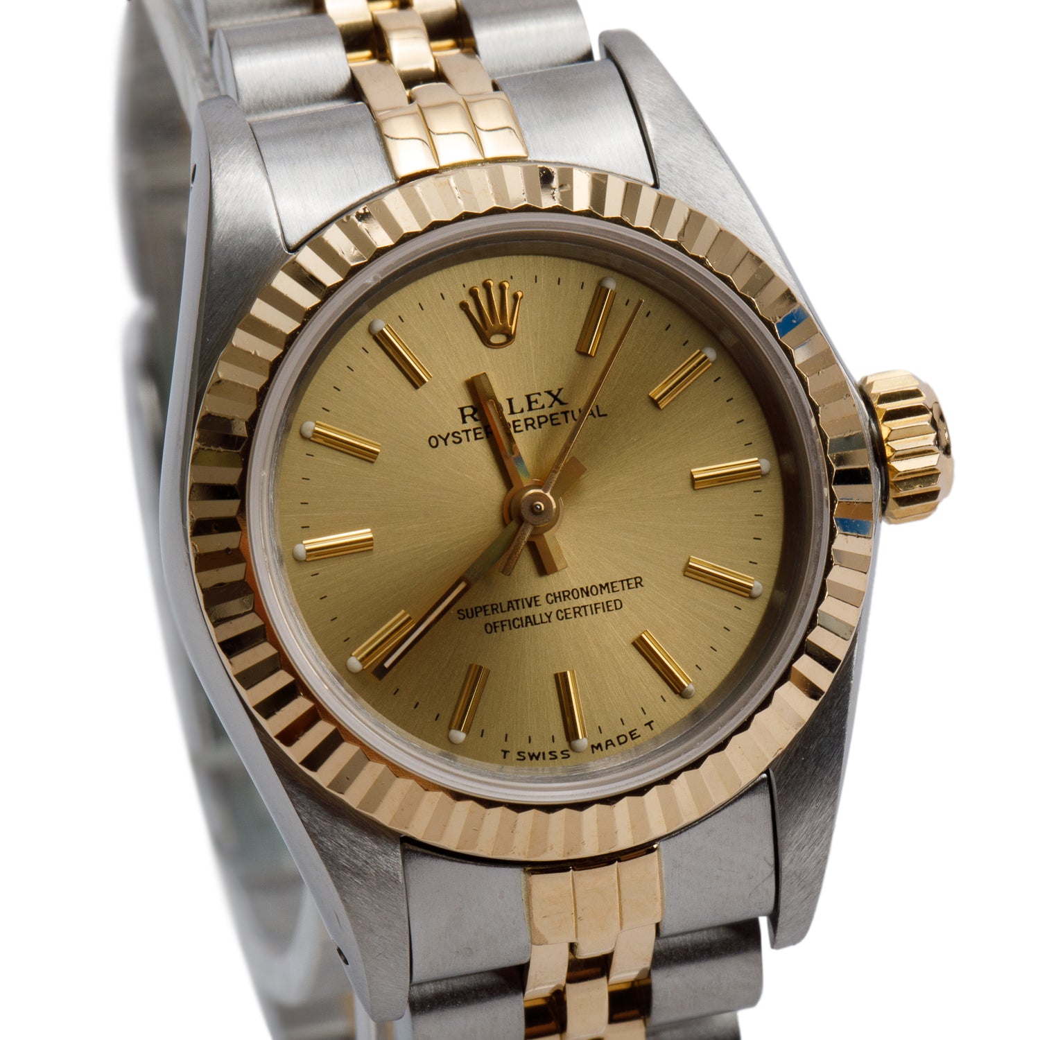 Rolex Stainless Steel & 18k Yellow Gold Oyster Perpetual 26 MM Watch Gold Dial 67193 w/ Box