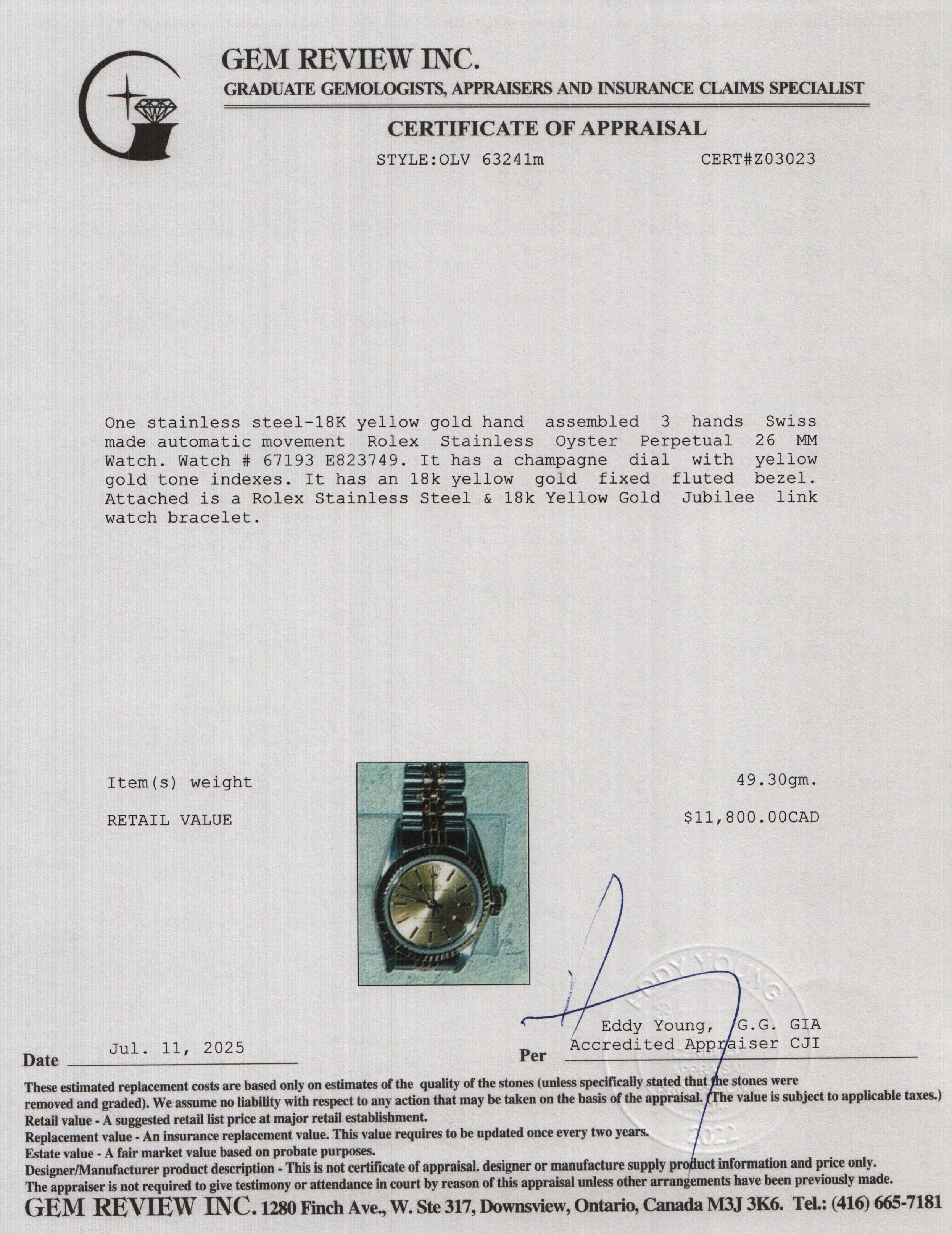 Rolex Stainless Steel & 18k Yellow Gold Oyster Perpetual 26 MM Watch Gold Dial 67193 w/ Box