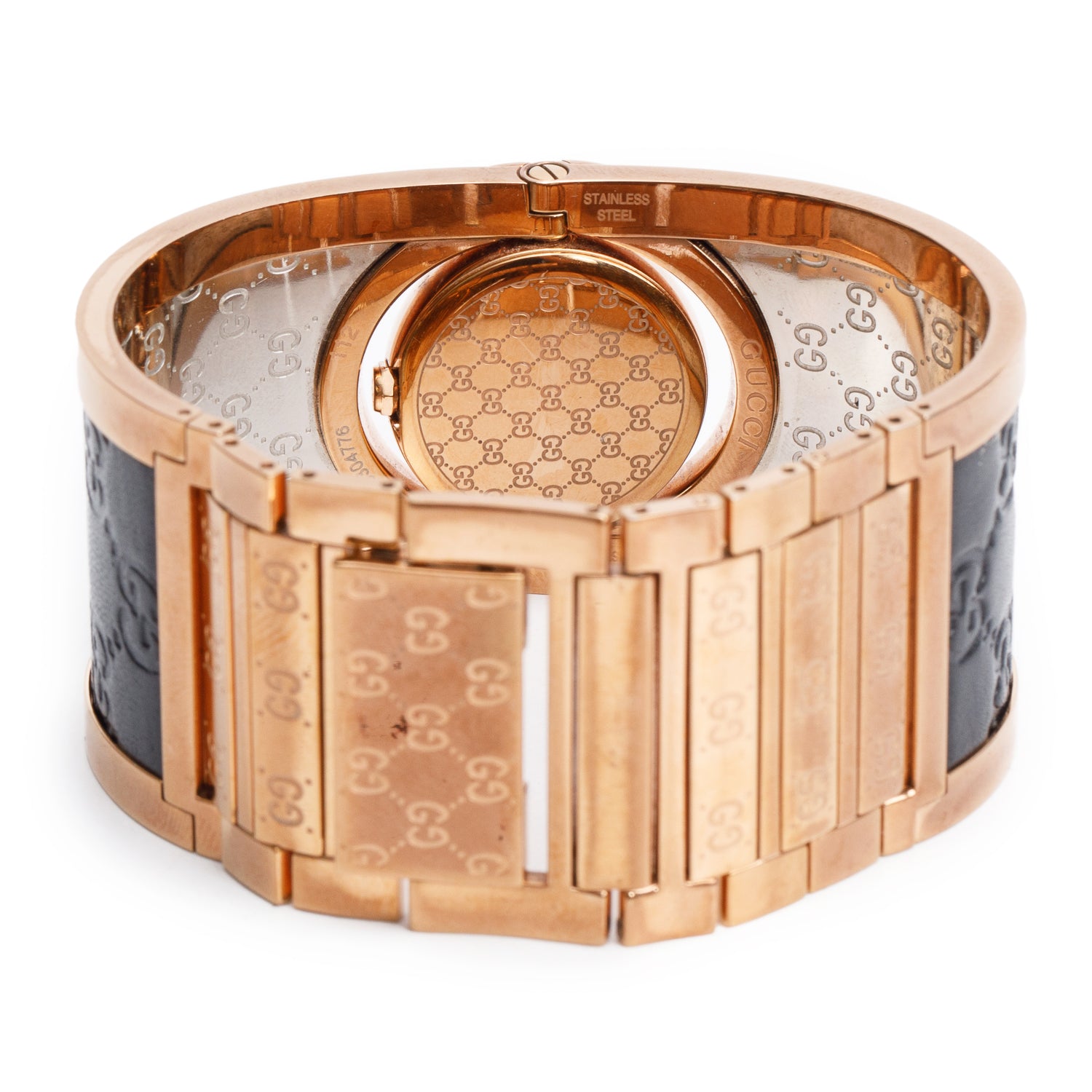 Gucci Rose Gold Plated Stainless Steel & Black Leather Twirl 24 MM Watch w/ Box & Papers