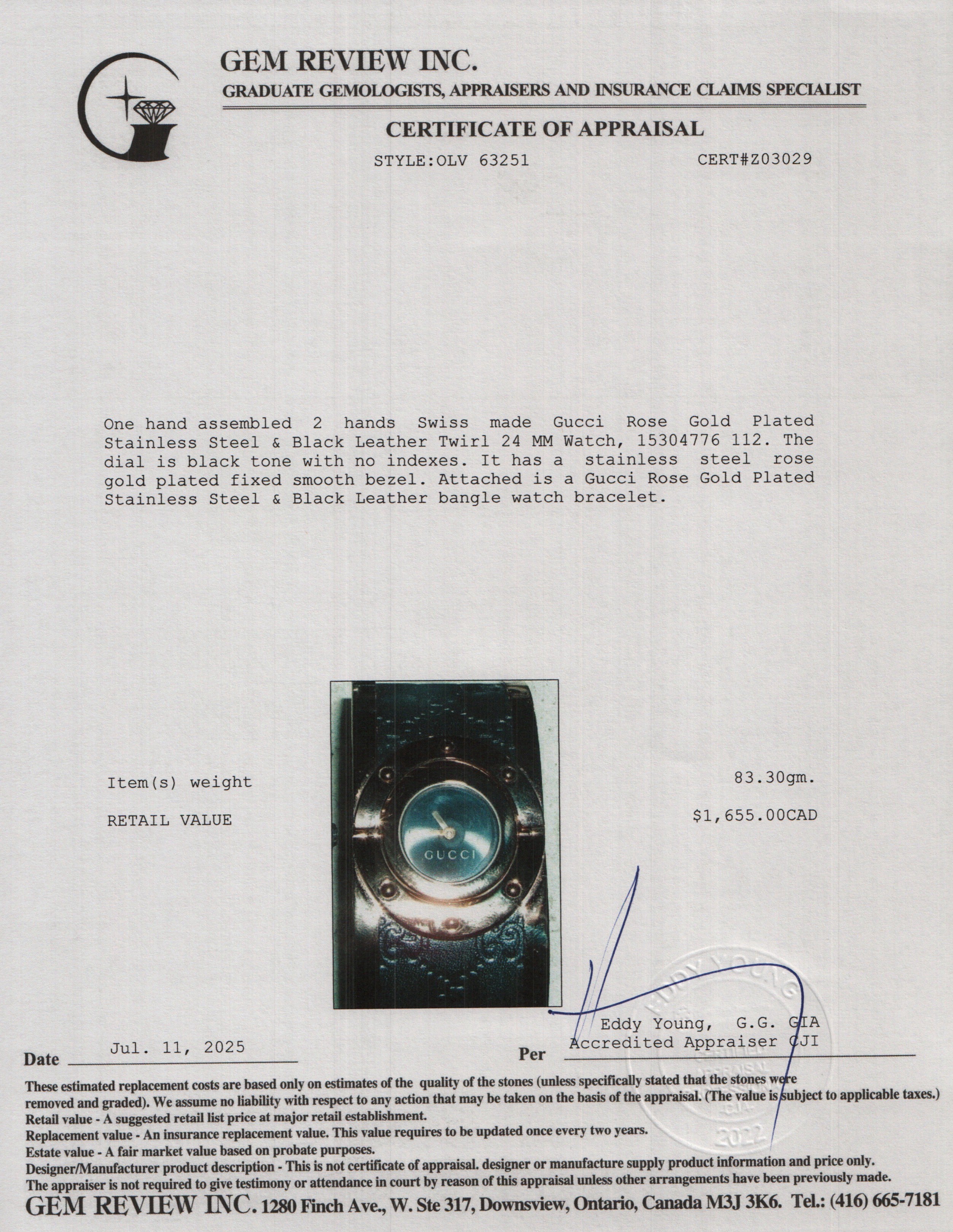 Gucci Rose Gold Plated Stainless Steel & Black Leather Twirl 24 MM Watch w/ Box & Papers