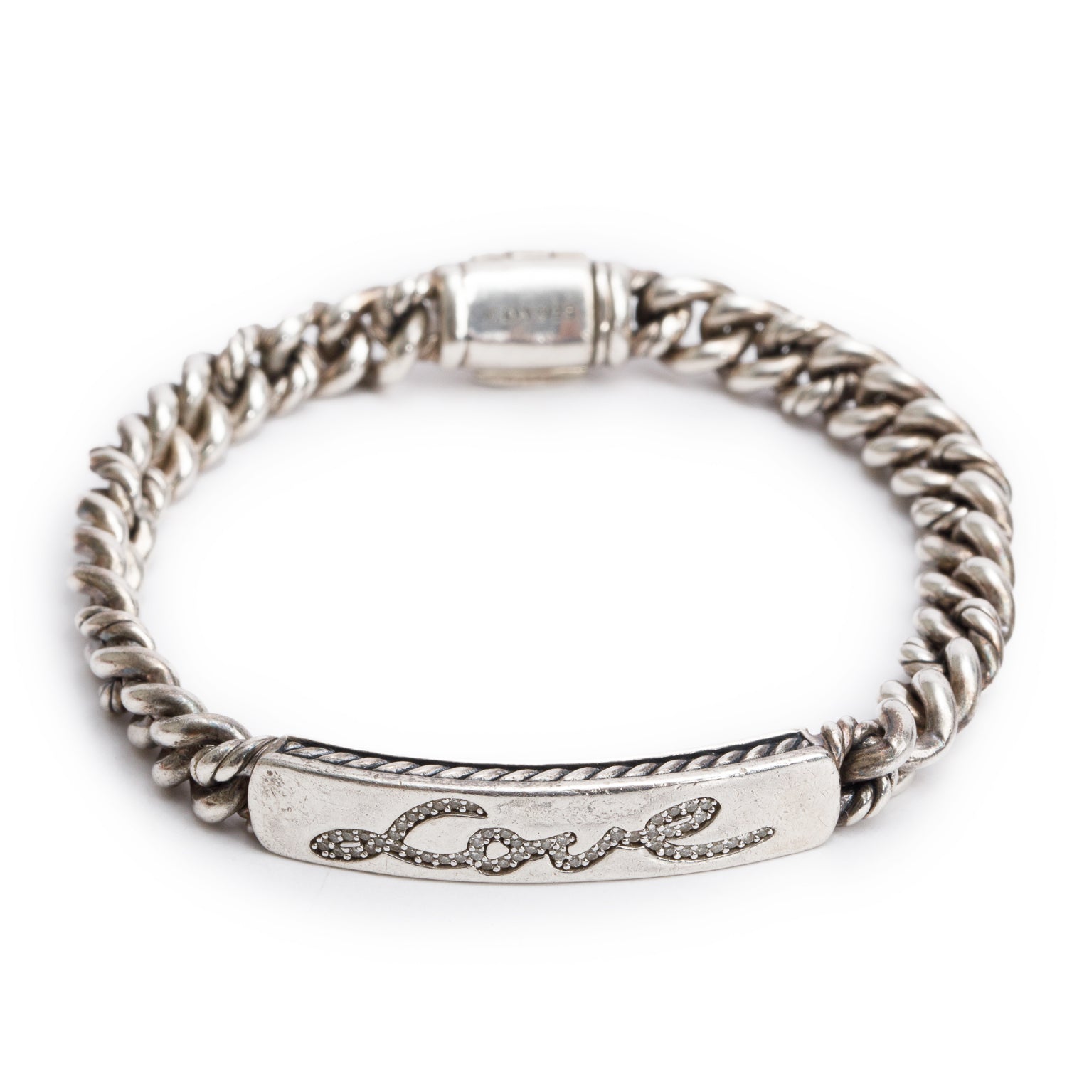 David Yurman Sterling Silver Pave Diamond Curb Link 'Love' ID Bracelet