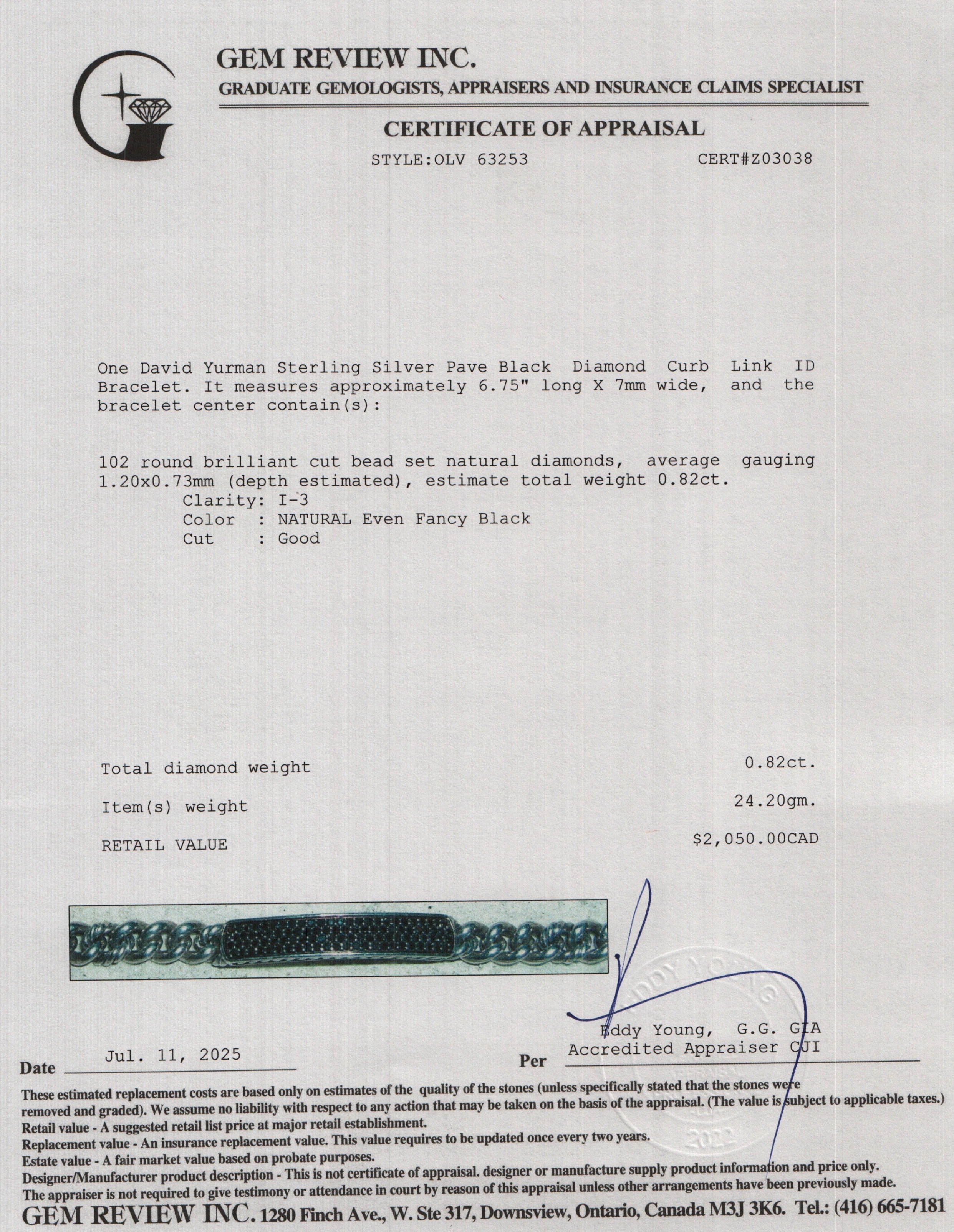 David Yurman Sterling Silver Pave Black Diamond Curb Link ID Bracelet w/ Box