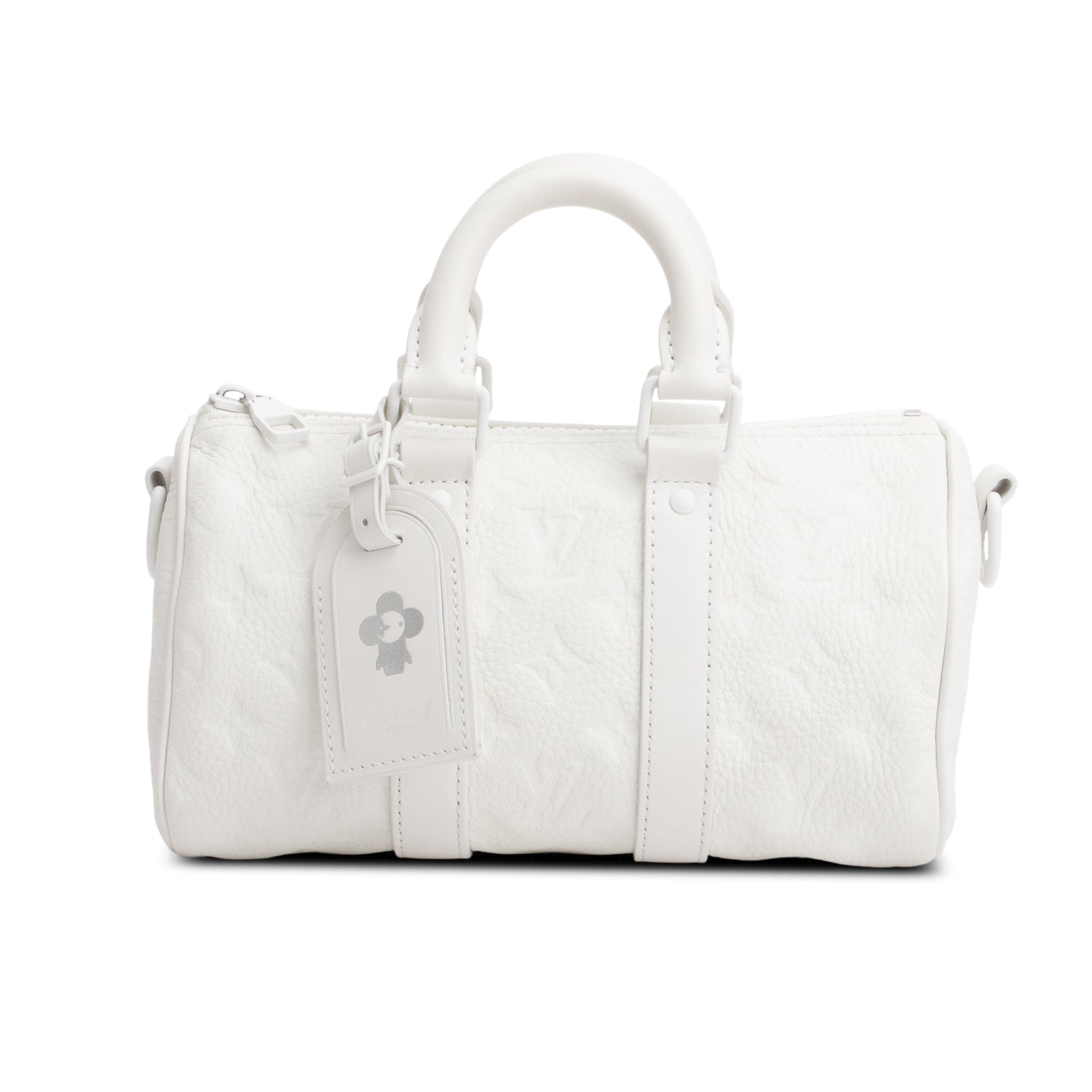 Louis Vuitton 2024 White Monogram Taurillion Leather Keepall Bandouliere 25 w/ Strap & Receipt