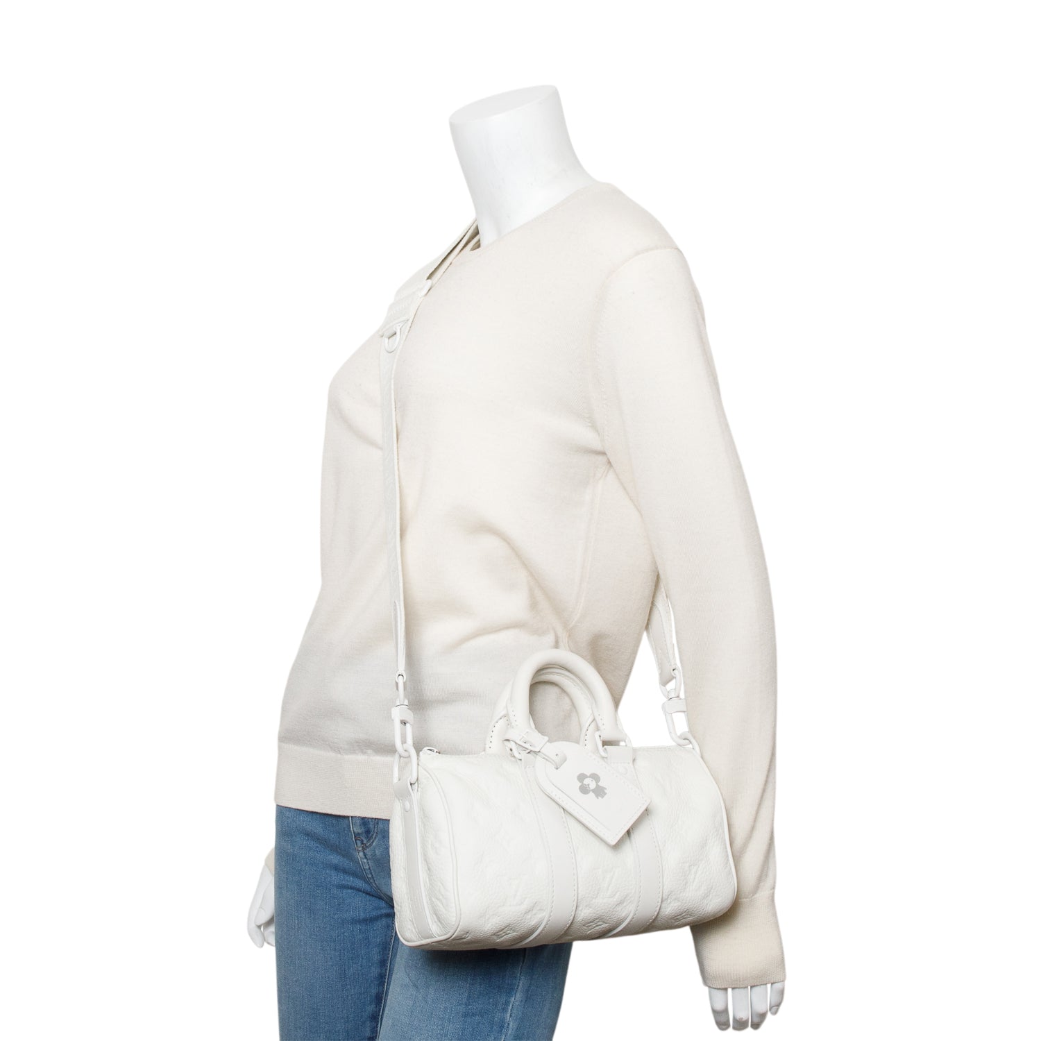 Louis Vuitton 2024 White Monogram Taurillion Leather Keepall Bandouliere 25 w/ Strap & Receipt