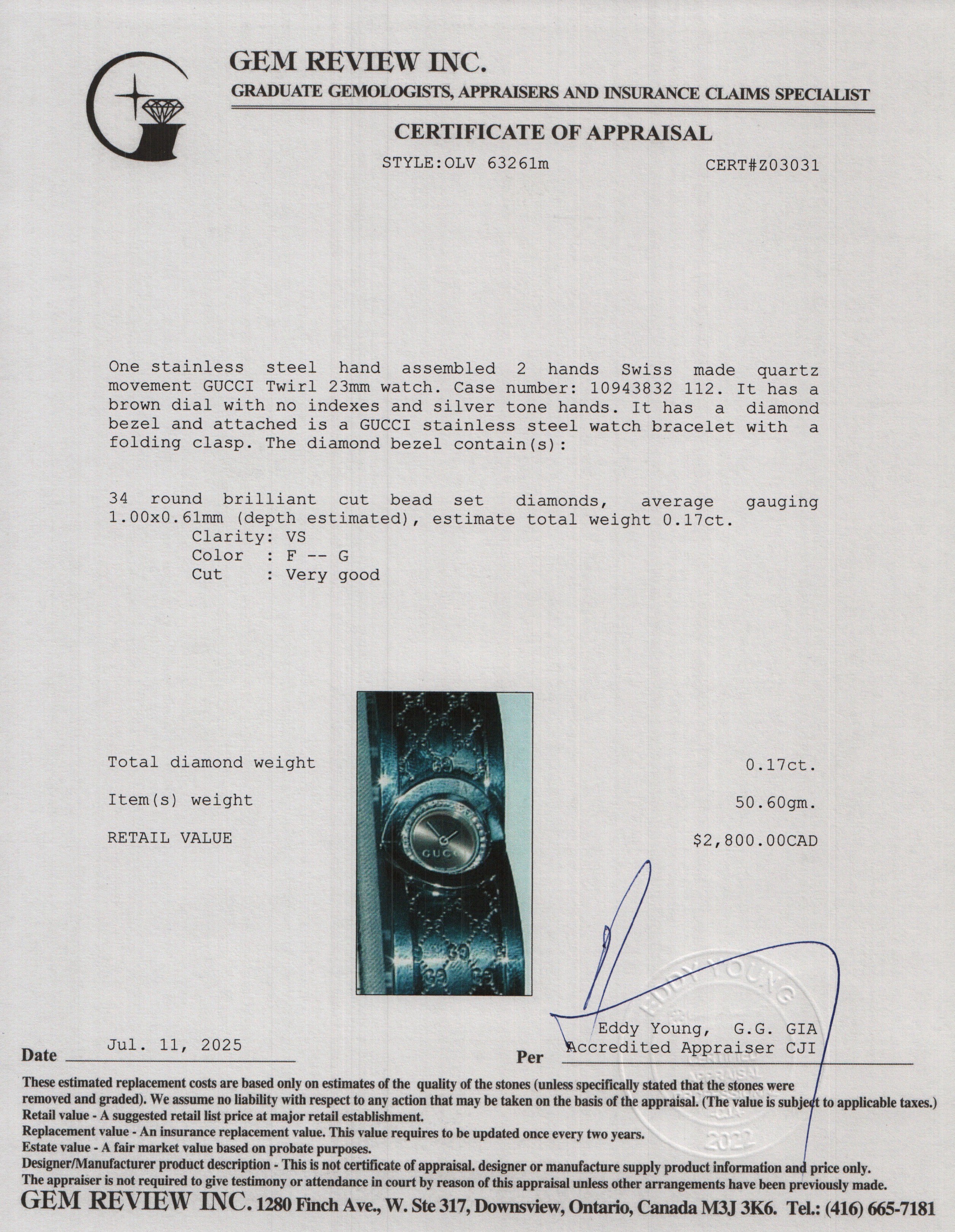 Gucci Stainless Steel Diamond Bezel Twirl Quartz Watch