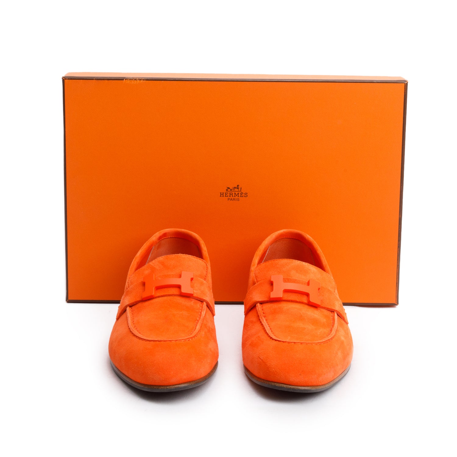 Hermes Orange Suede Goatskin Paris Loafer, Size 37 w/ Box