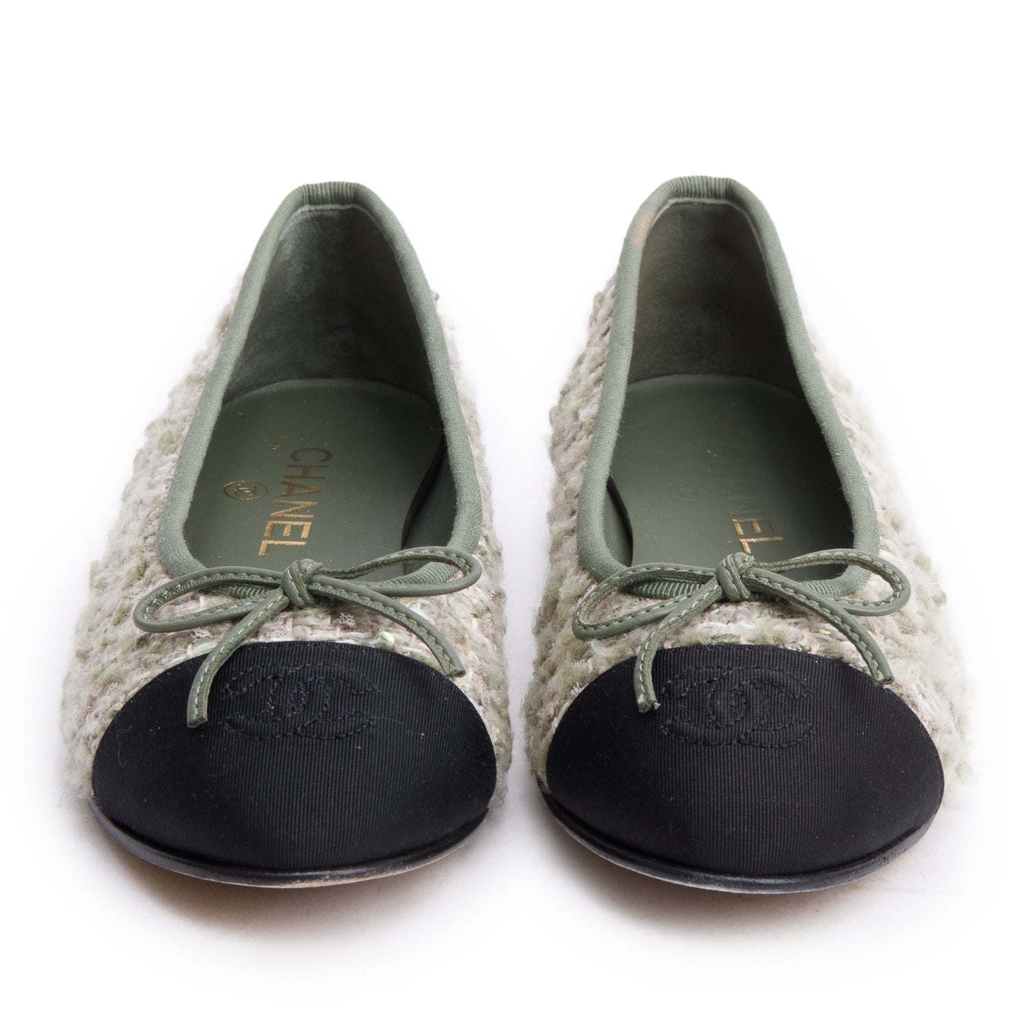 Chanel Black Satin Green Multicolor Tweed Interlocking CC Logo Bow Flats, Size 37 w/ Box