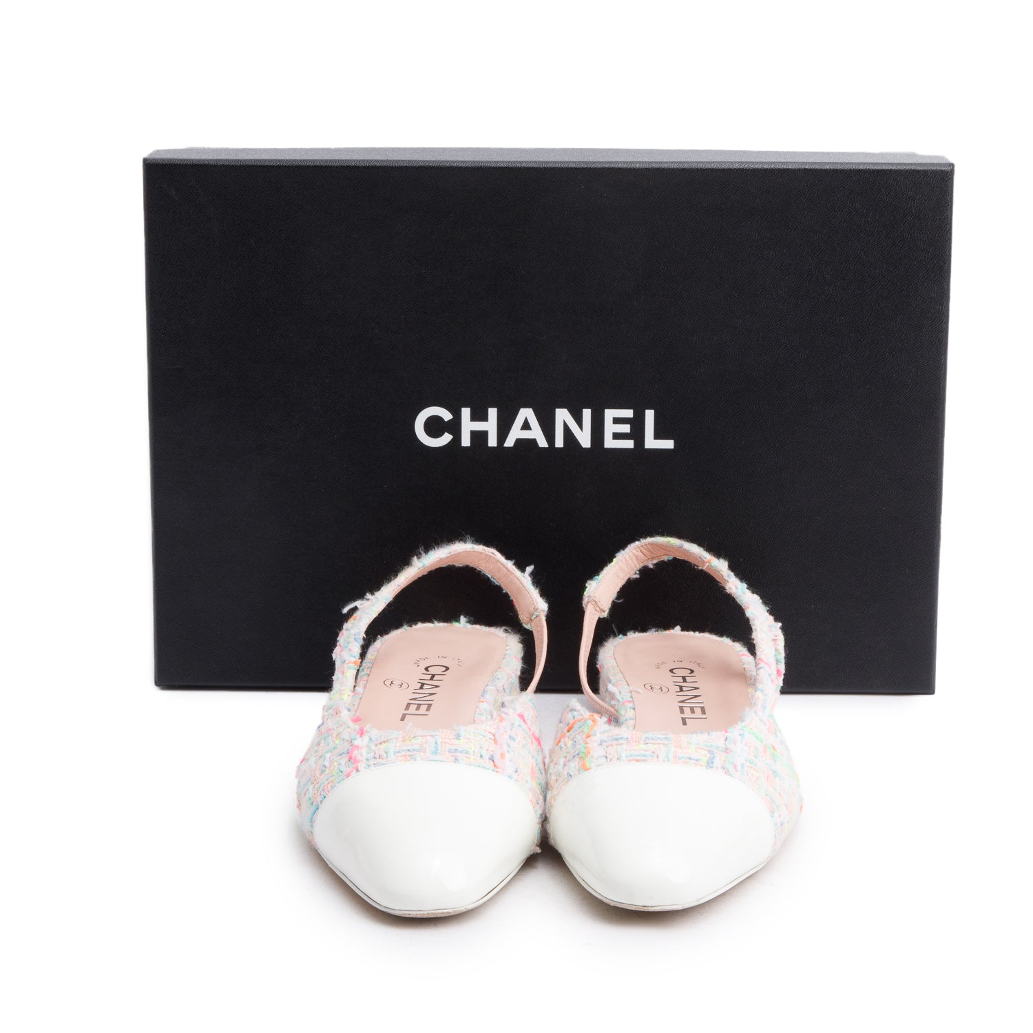 Chanel Pink Tweed White Patent Leather Cap Toe CC Slingback Flats, Size 37 w/ Box