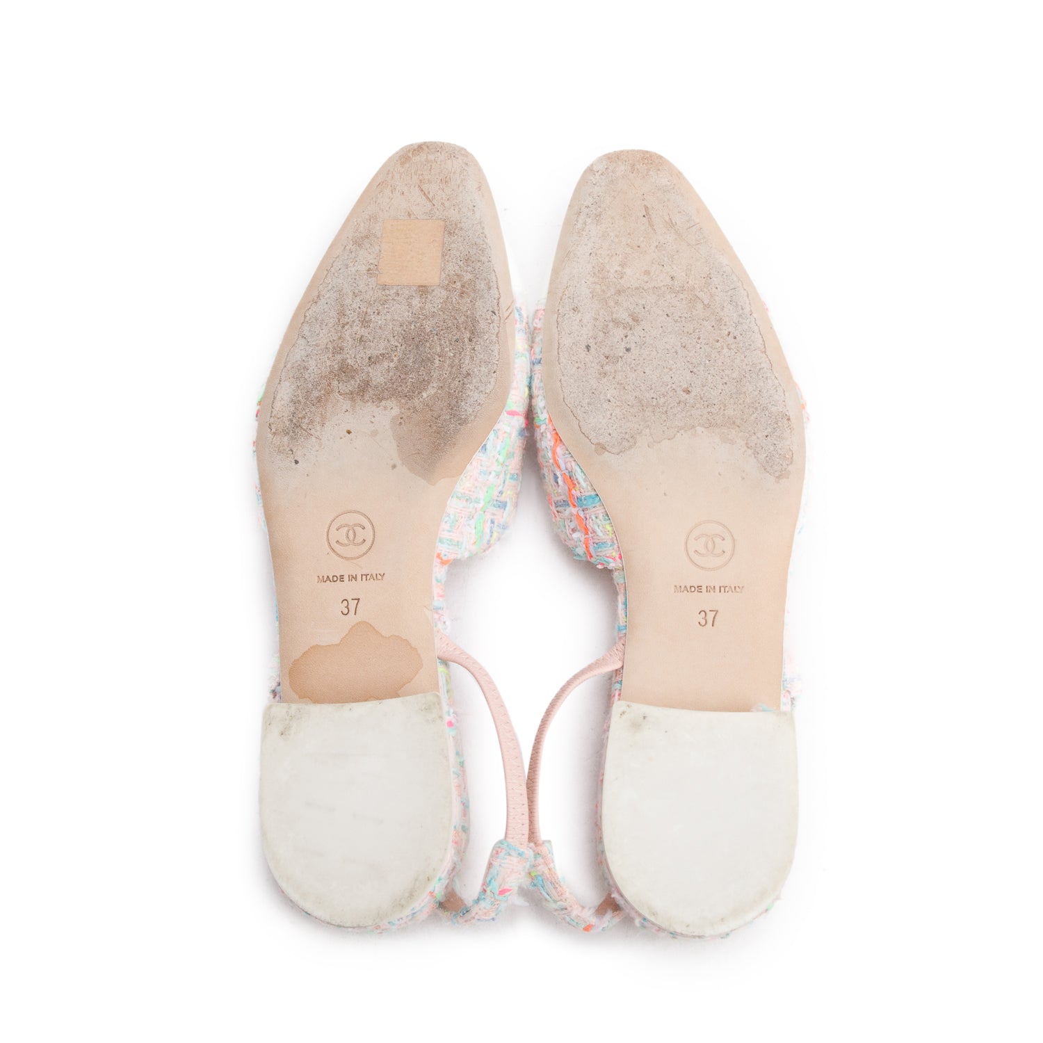 Chanel Pink Tweed White Patent Leather Cap Toe CC Slingback Flats, Size 37 w/ Box