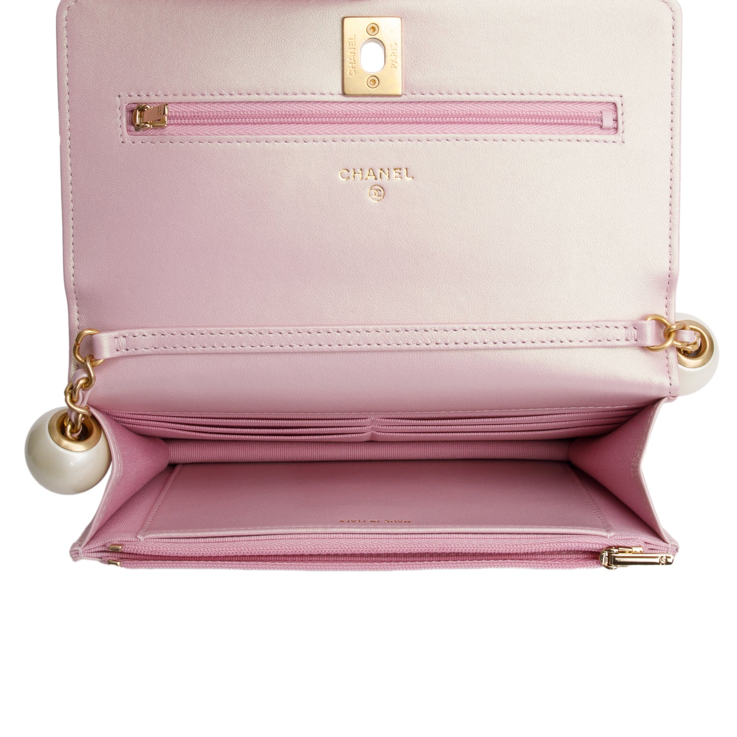 Chanel Pink Iridescent Quilted Lambskin Leather CC Pearl Crush Classic Wallet on Chain w/ Box