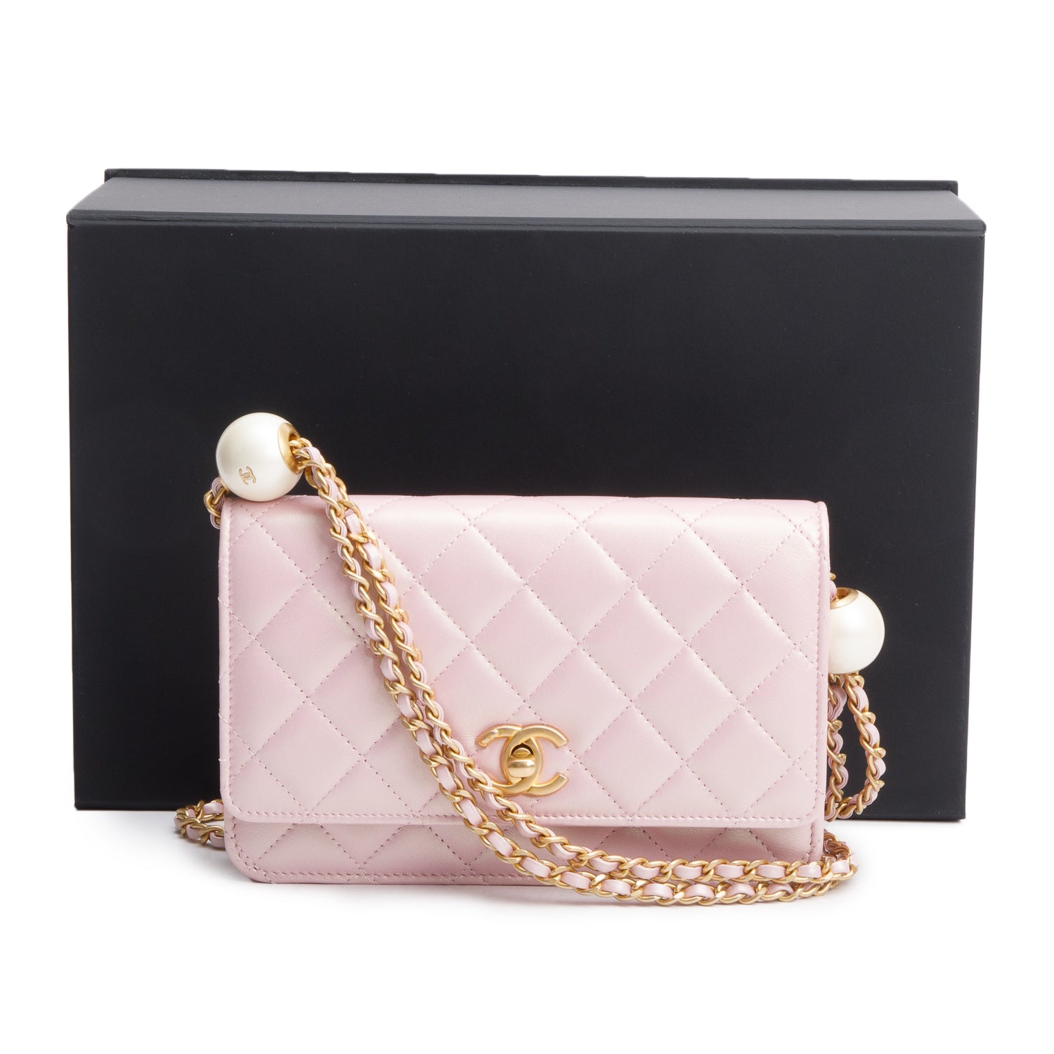 Chanel Pink Iridescent Quilted Lambskin Leather CC Pearl Crush Classic Wallet on Chain w/ Box