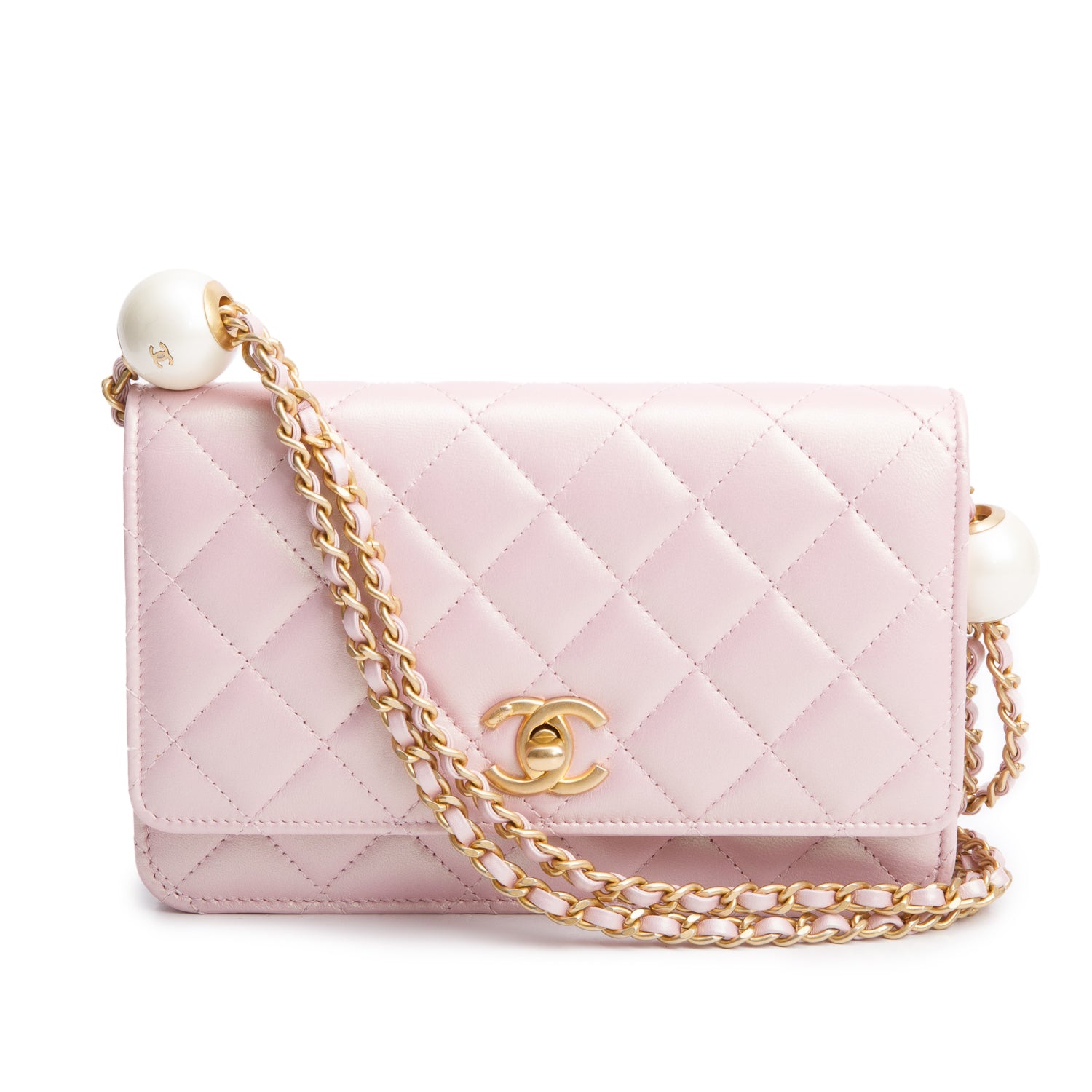 Chanel Pink Iridescent Quilted Lambskin Leather CC Pearl Crush Classic Wallet on Chain w/ Box