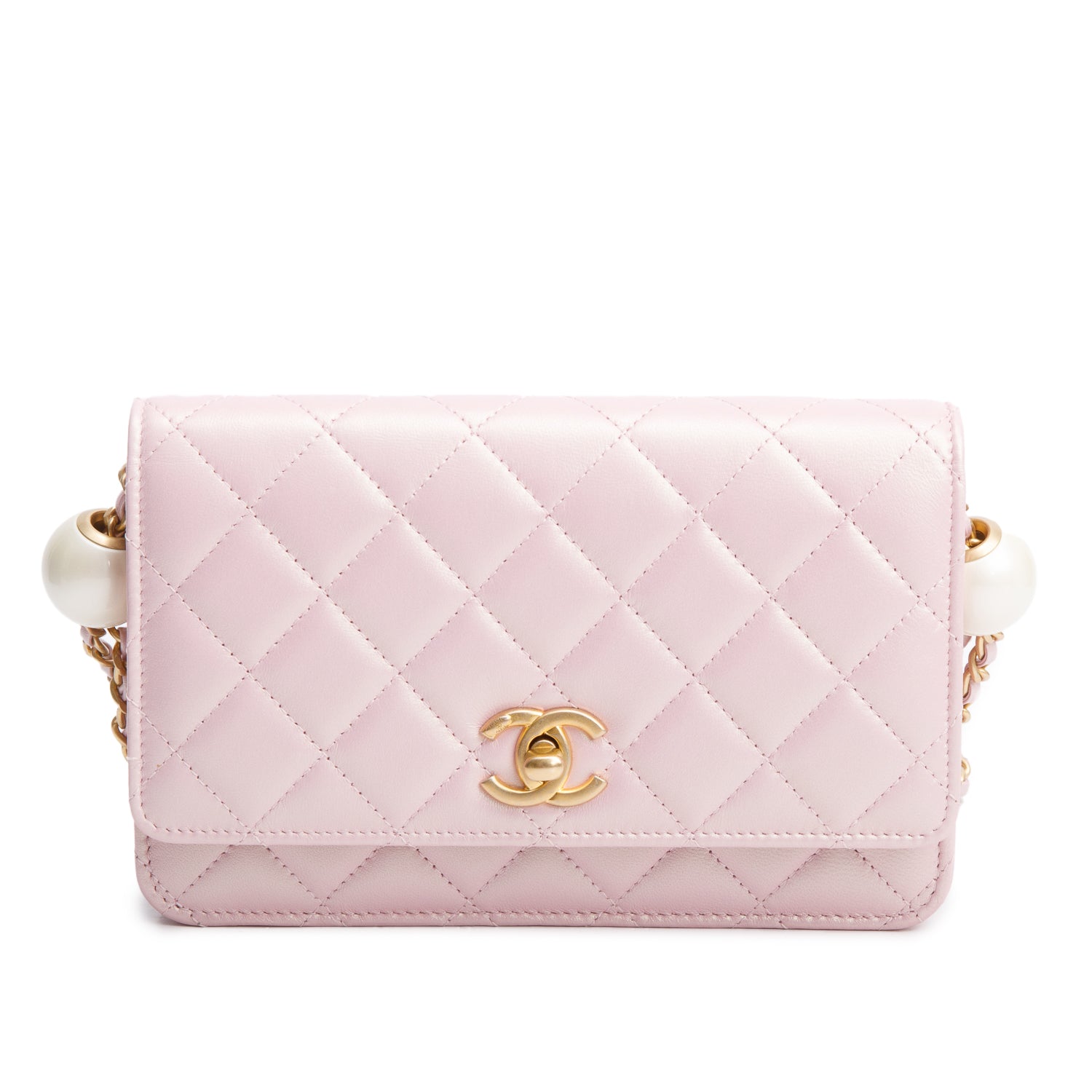 Chanel Pink Iridescent Quilted Lambskin Leather CC Pearl Crush Classic Wallet on Chain w/ Box