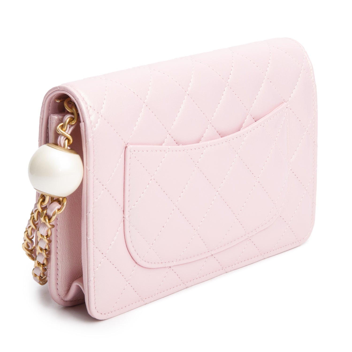 Chanel Pink Iridescent Quilted Lambskin Leather CC Pearl Crush Classic Wallet on Chain w/ Box