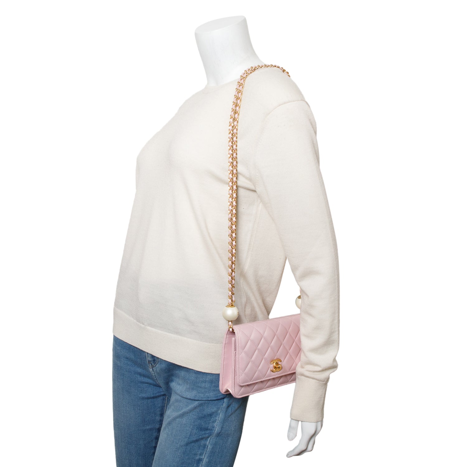 Chanel Pink Iridescent Quilted Lambskin Leather CC Pearl Crush Classic Wallet on Chain w/ Box