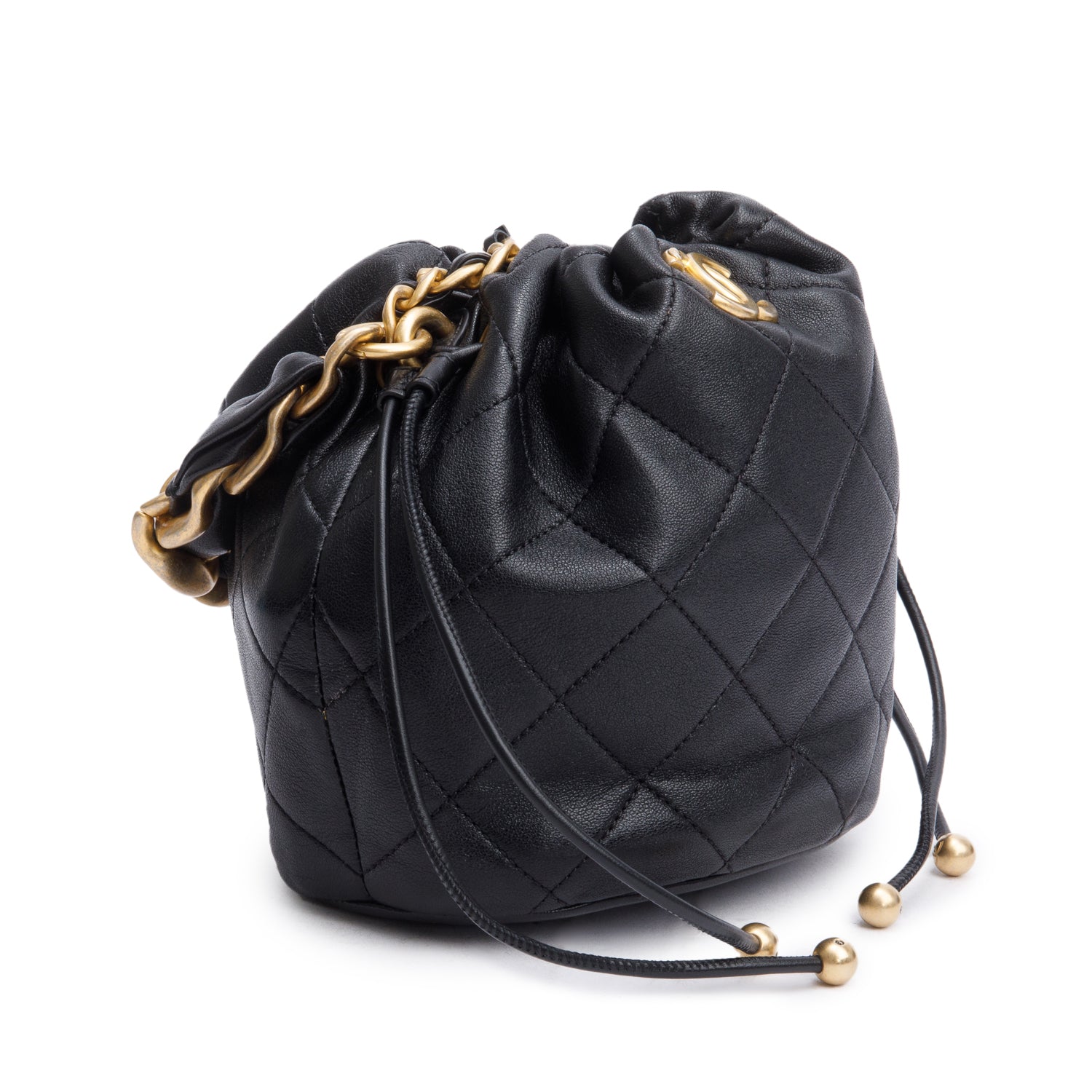Chanel 2021 Black Calfskin Leather Chain is More Bucket Bag w/ Authenticity Card