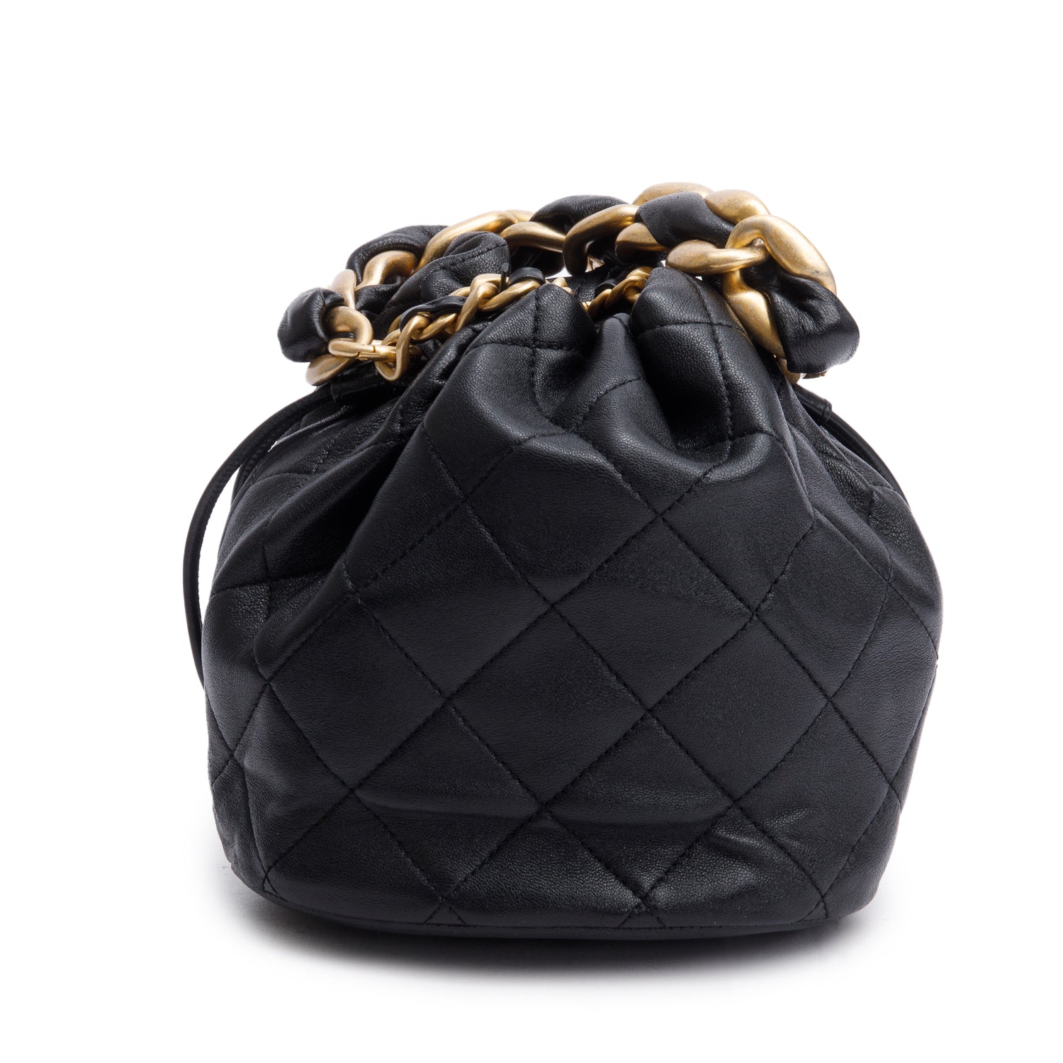 Chanel 2021 Black Calfskin Leather Chain is More Bucket Bag w/ Authenticity Card