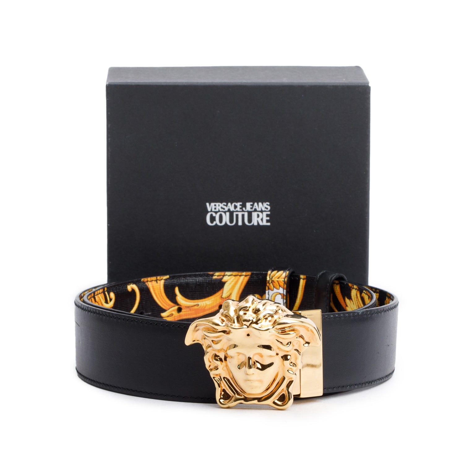 Versace Black Calfskin Leather Palazzo Medusa Reversible Belt w/ Box