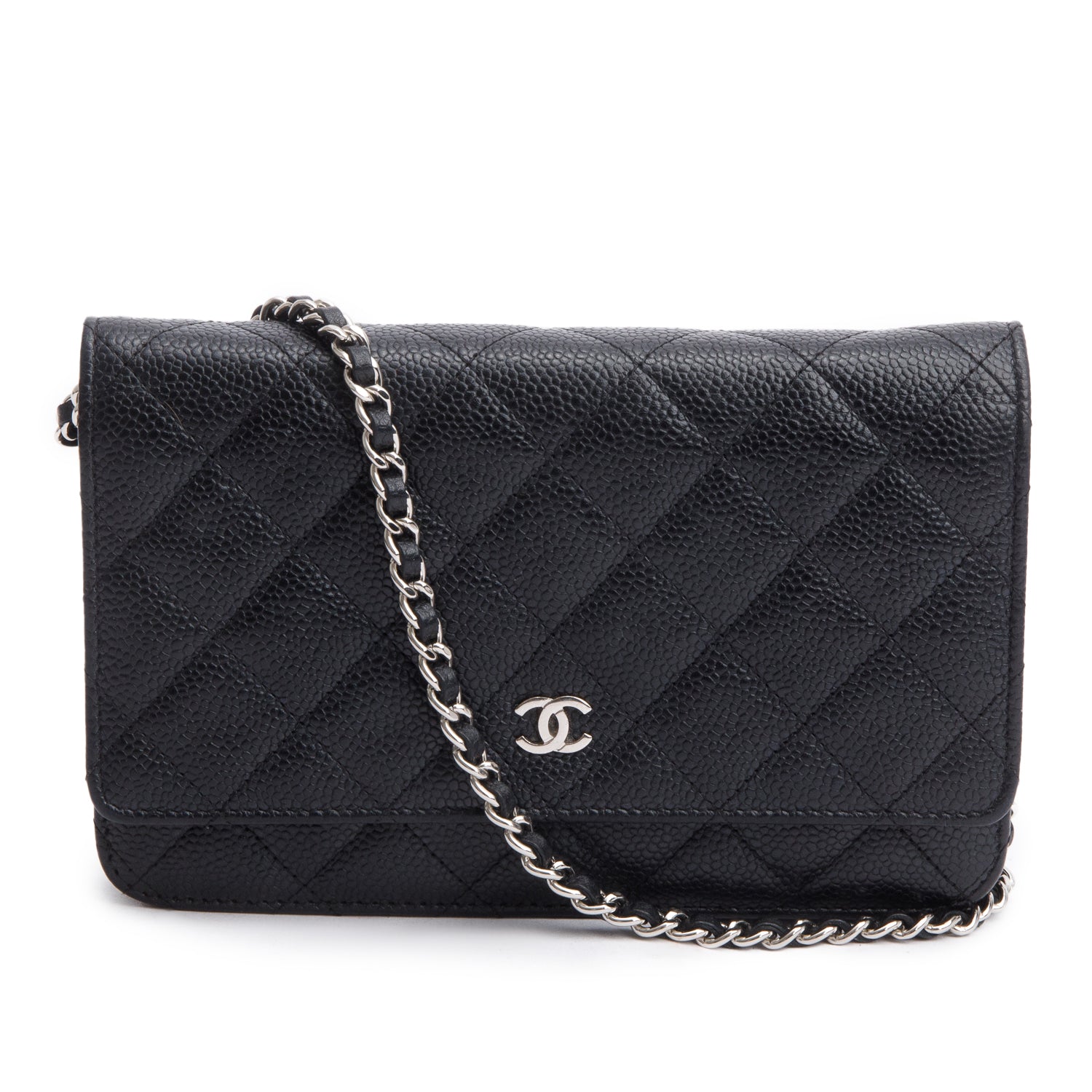 Chanel Black Quilted Caviar Leather Classic Wallet on Chain w/ Box, Receipt & Authenticity Card