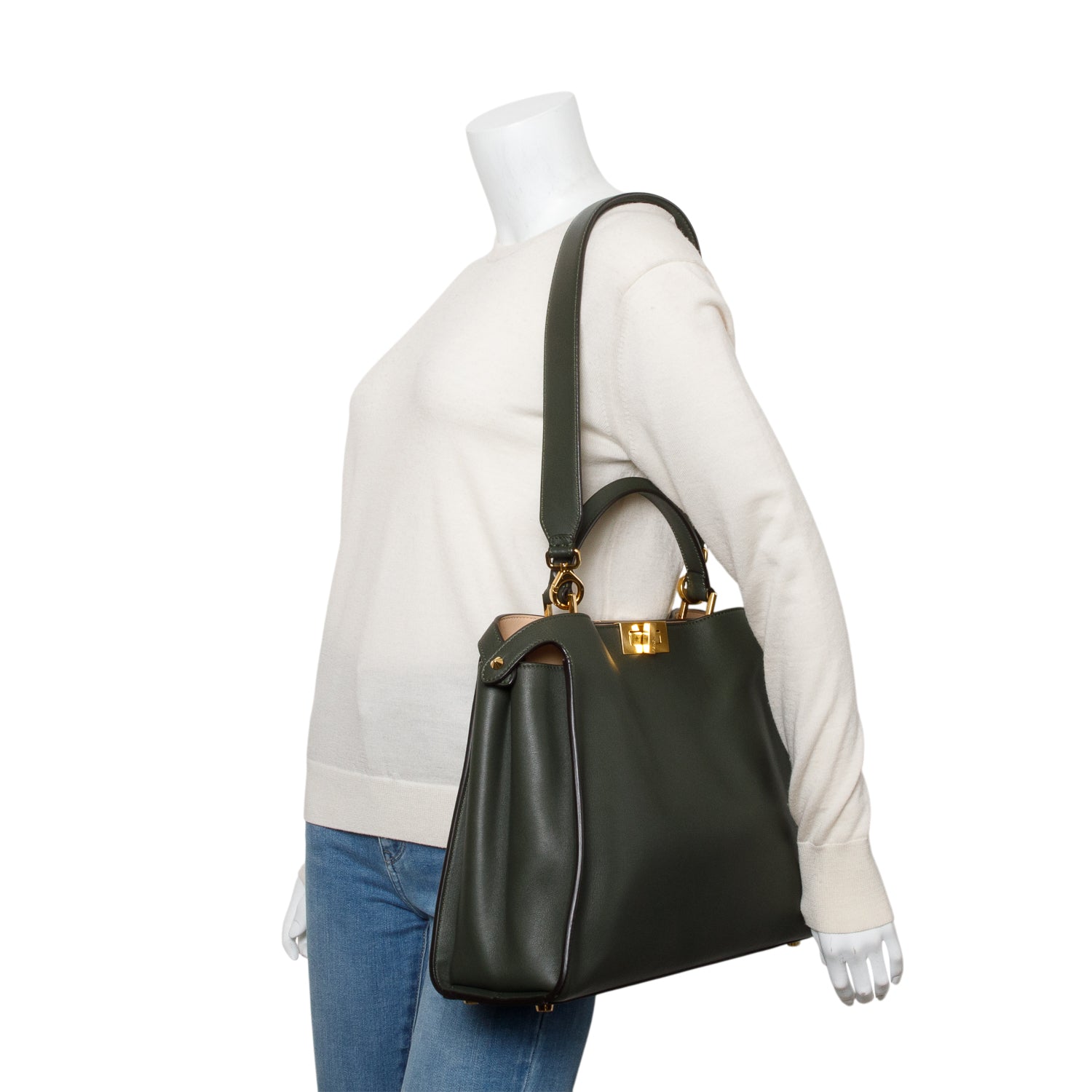 Fendi Green Soft Calfskin Leather Large Peekaboo Bag w/ Strap