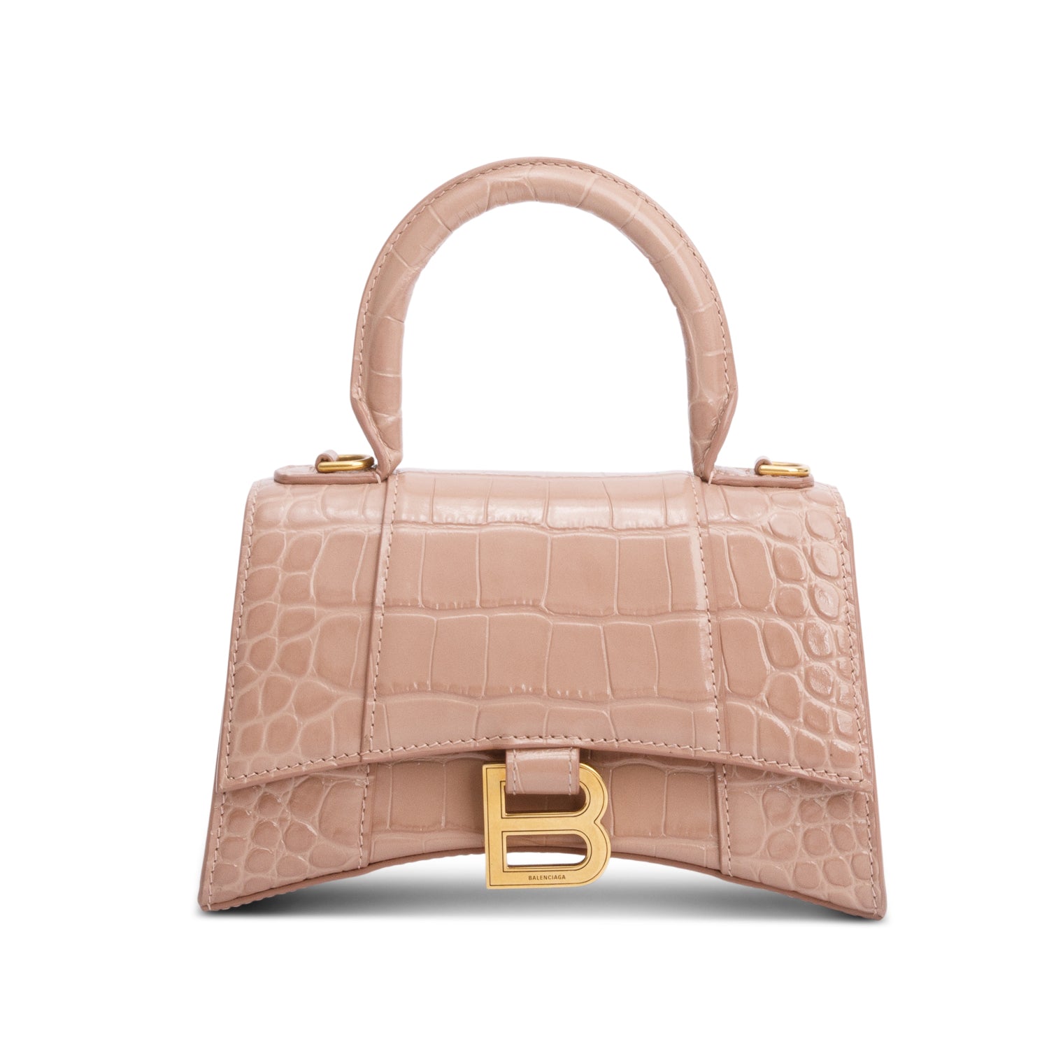Balenciaga Beige Croc-Embossed Leather XS Hourglass Top Handle Bag w/ Strap