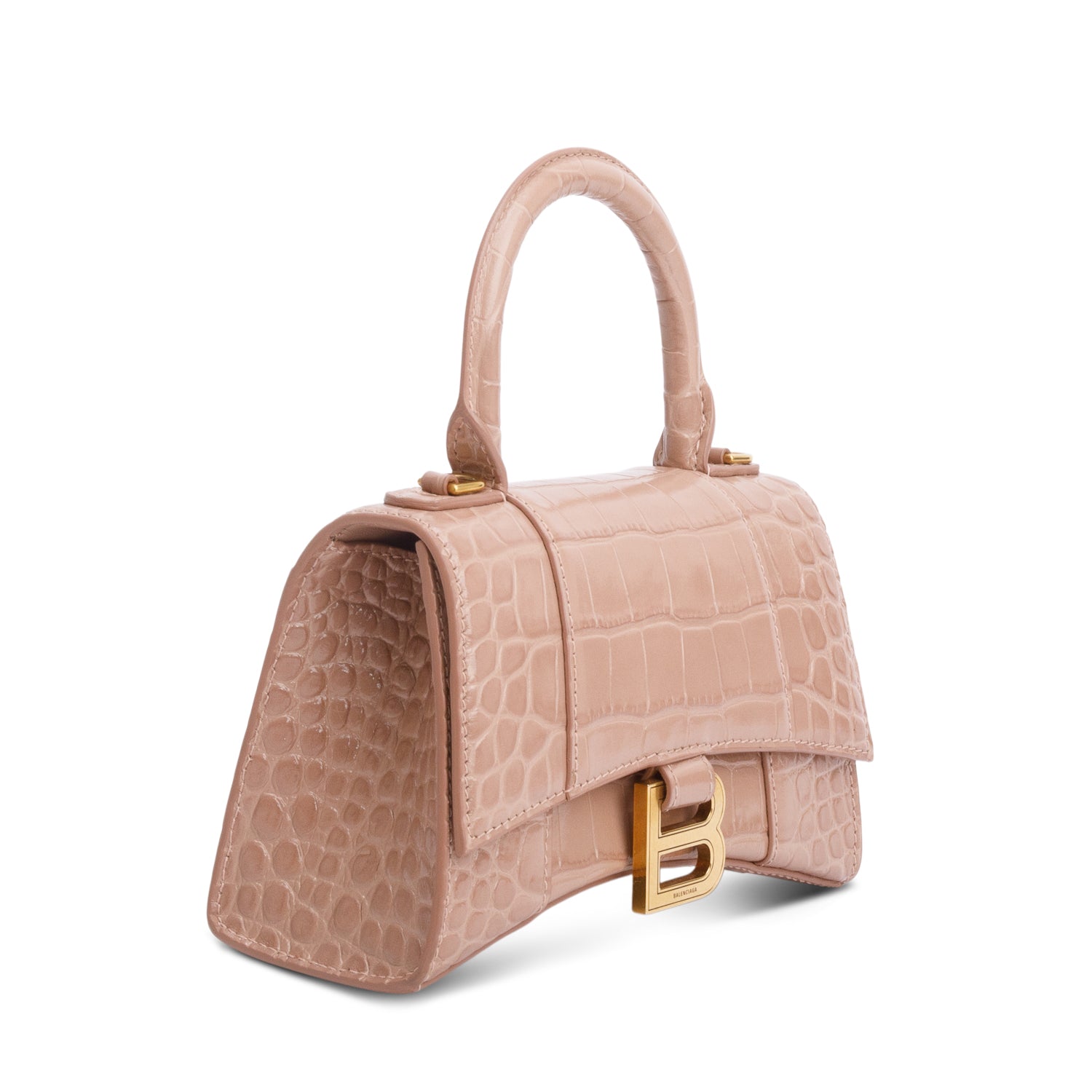 Balenciaga Beige Croc-Embossed Leather XS Hourglass Top Handle Bag w/ Strap