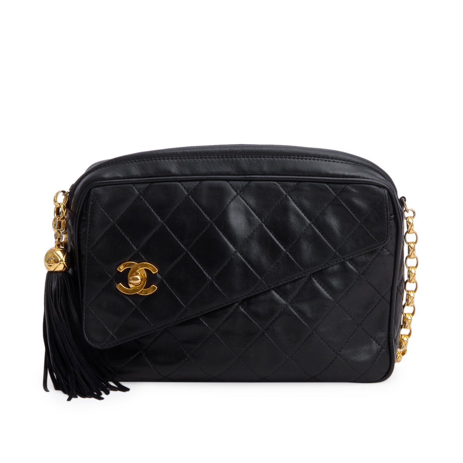 Chanel Vintage Black Quilted Lambskin Leather Bijoux CC Tassel Camera Bag