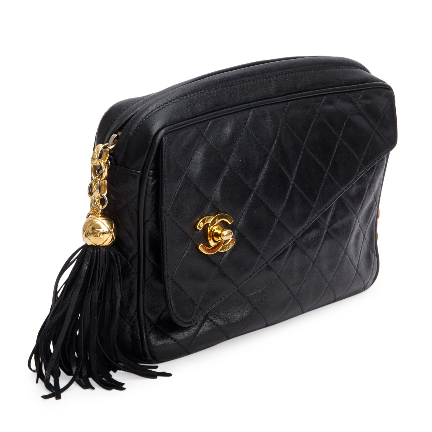 Chanel Vintage Black Quilted Lambskin Leather Bijoux CC Tassel Camera Bag