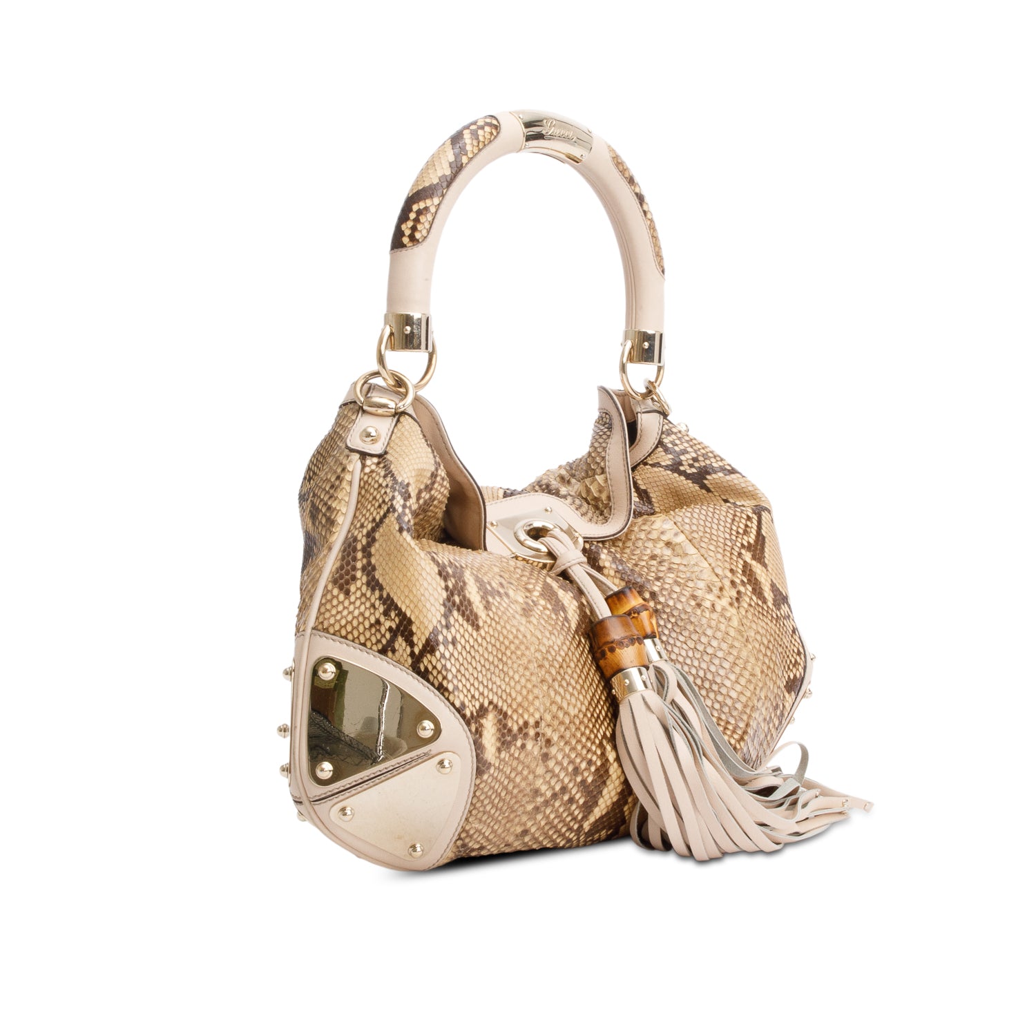 Gucci Beige Leather Trim Python Medium Indy Babouska Hobo w/ Strap