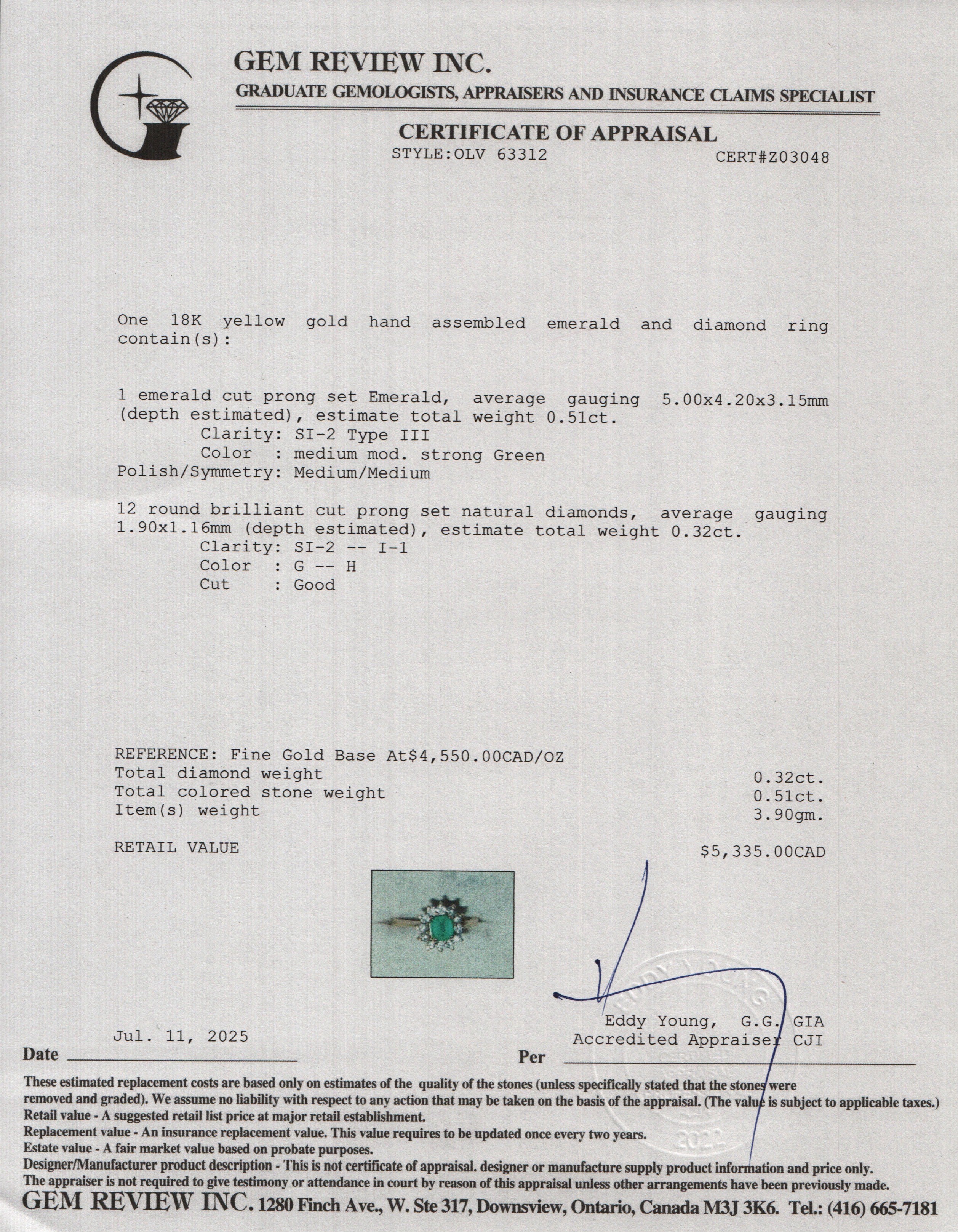 18k Yellow Gold Emerald & Diamond Ring, Size 4.75