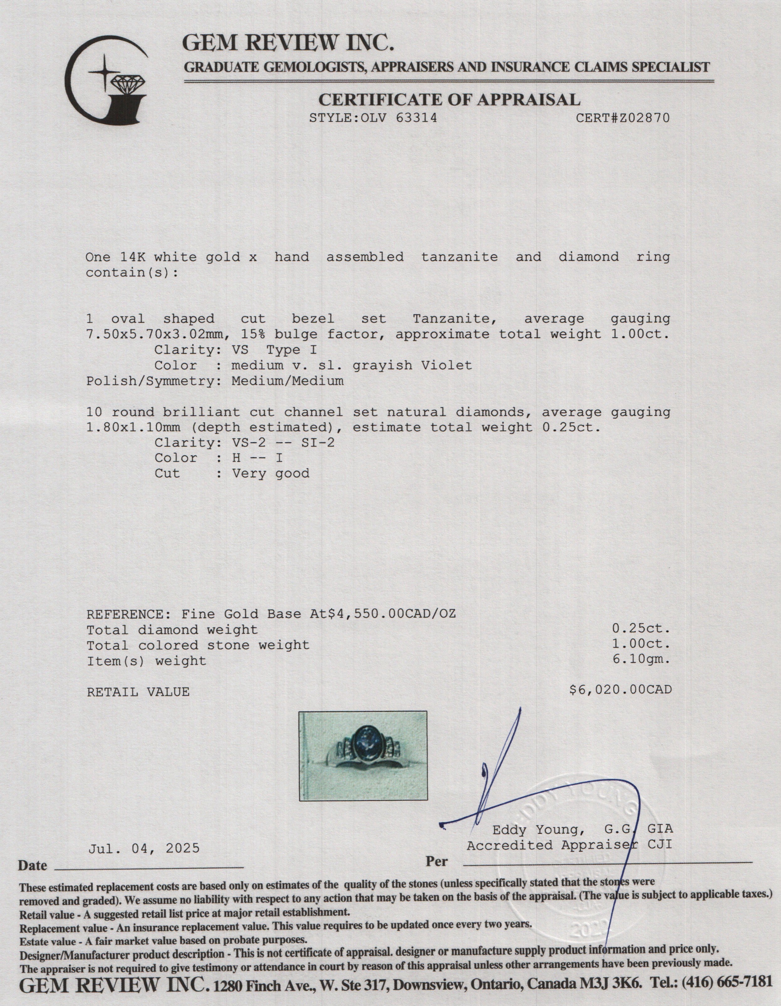 14k White Gold Tanzanite & Diamond Ring, Size 6.25