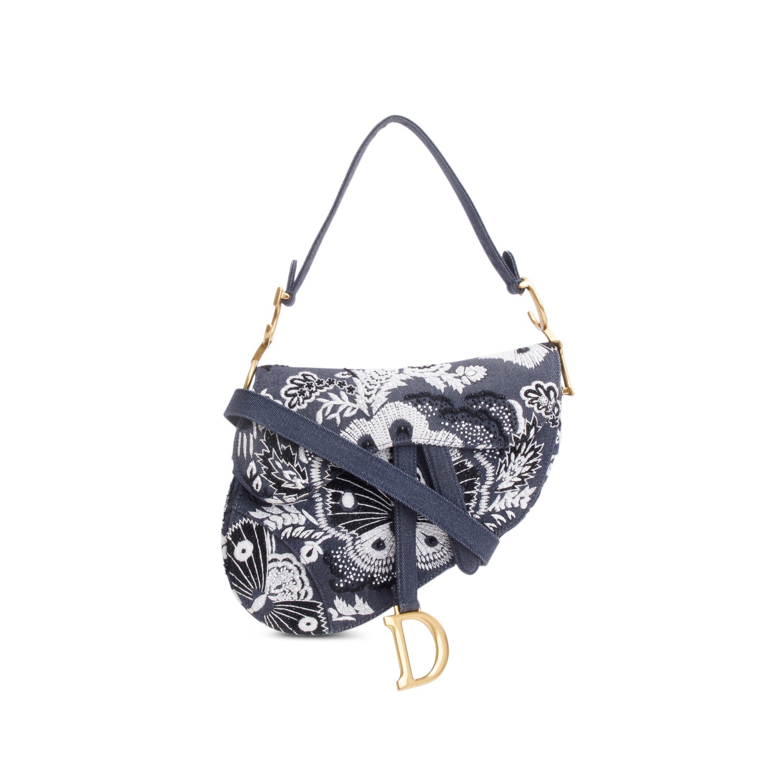 Christian Dior 2023 Blue Denim Embroidered Strass Beaded Butterfly & Flowers Medium Saddle Bag w/ Strap