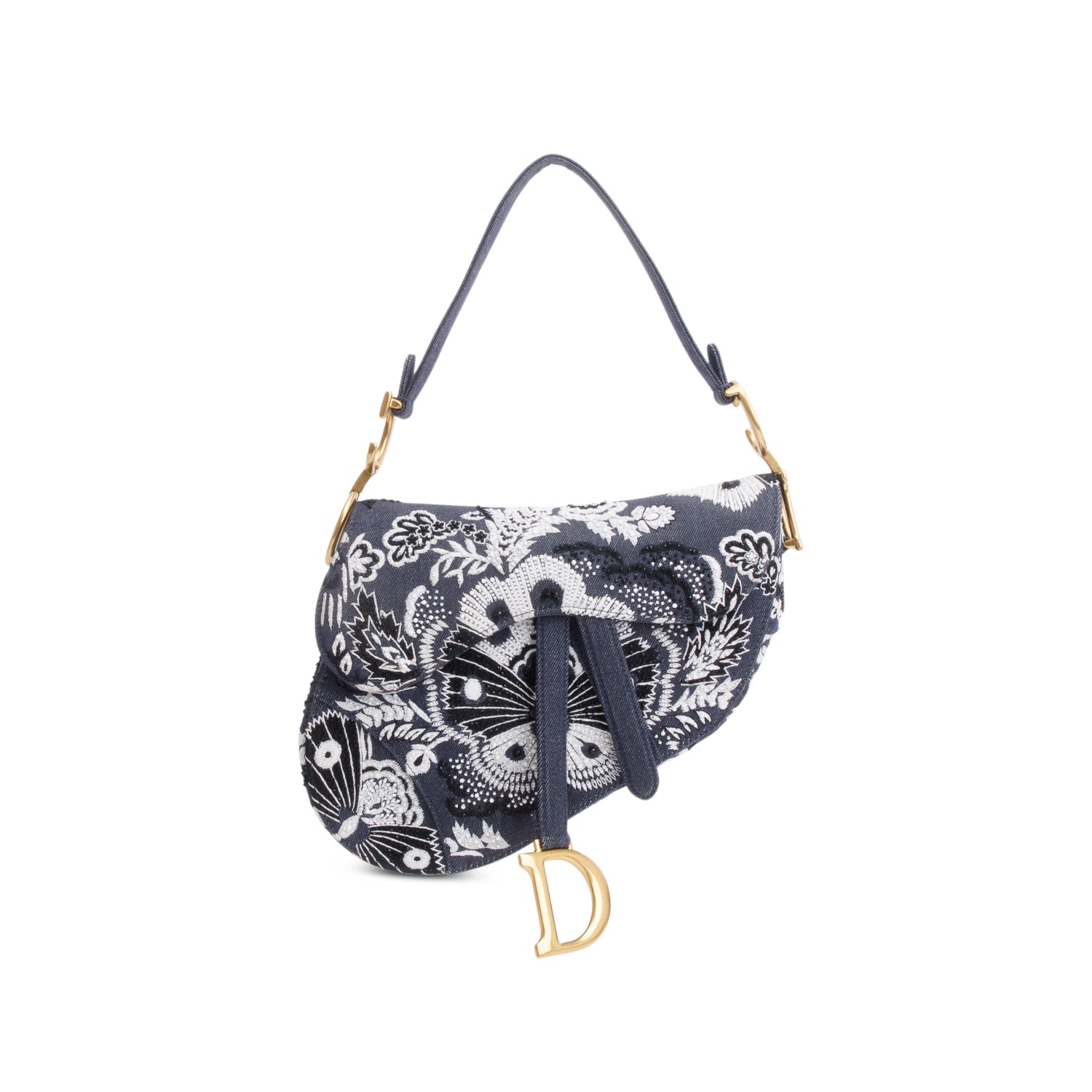 Christian Dior 2023 Blue Denim Embroidered Strass Beaded Butterfly & Flowers Medium Saddle Bag w/ Strap