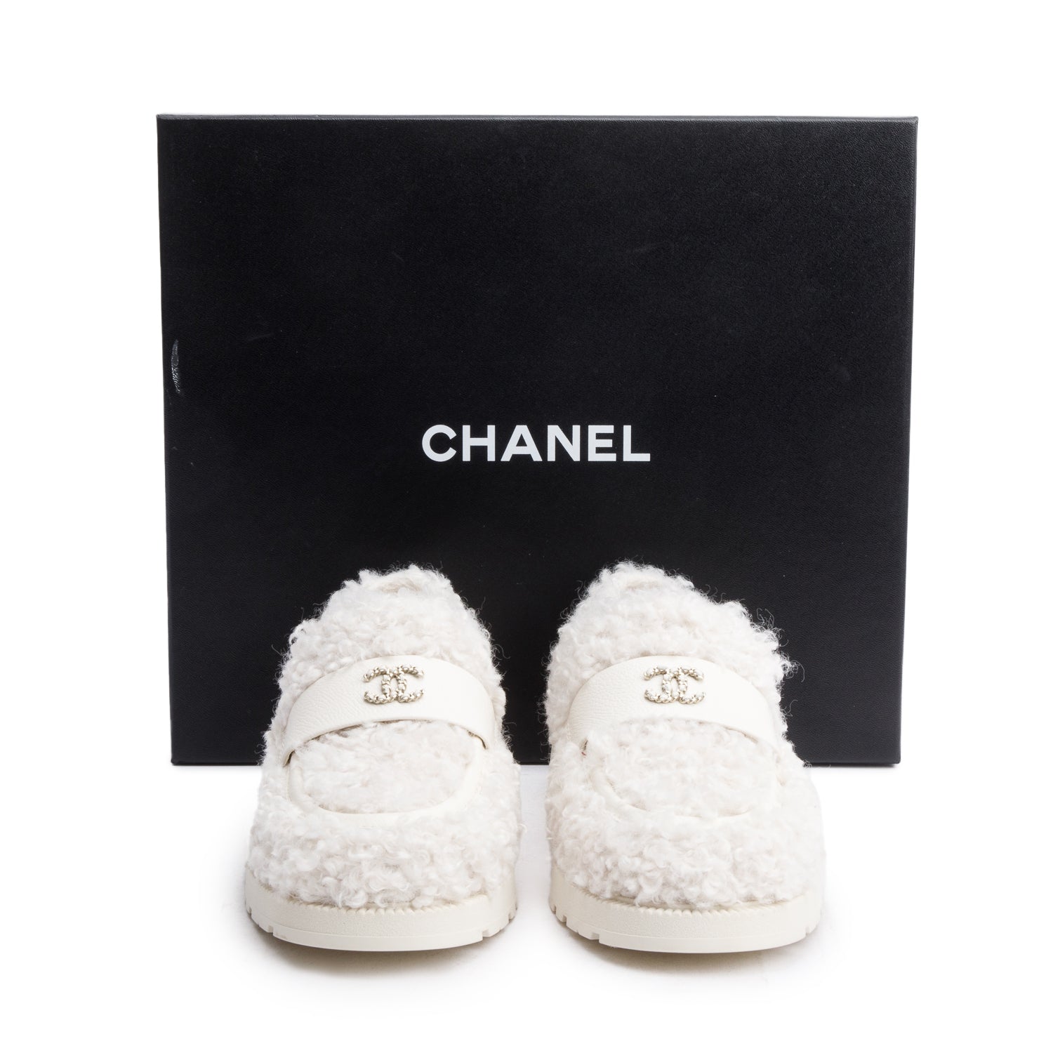 Chanel White Shearling Interlocking CC Logo Loafer, Size 37 w/ Box