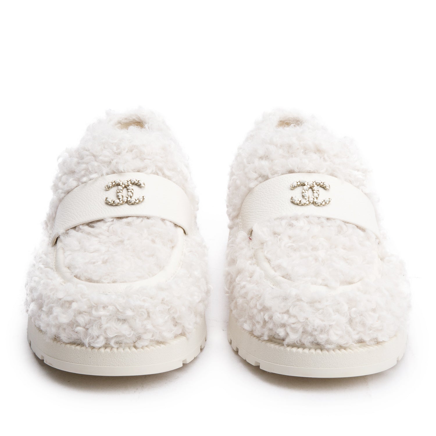 Chanel White Shearling Interlocking CC Logo Loafer, Size 37 w/ Box