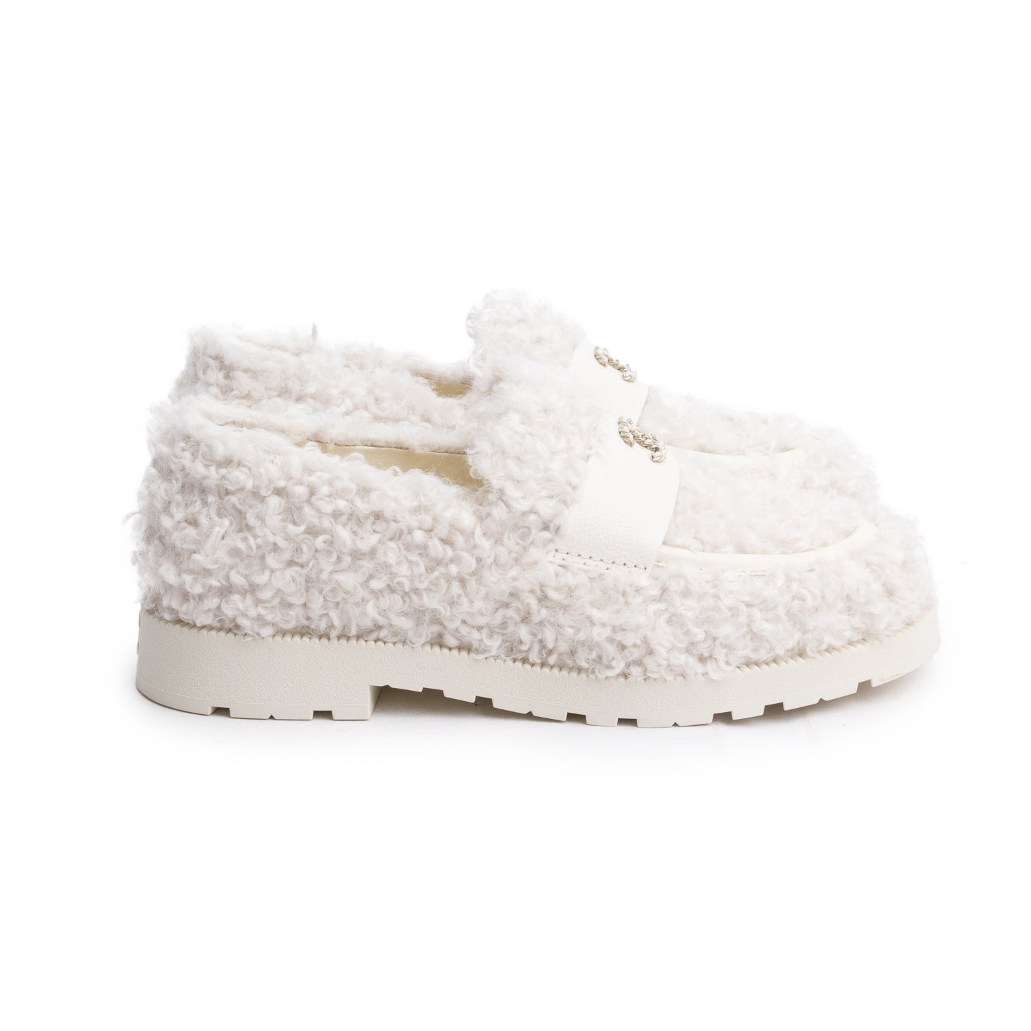 Chanel White Shearling Interlocking CC Logo Loafer, Size 37 w/ Box