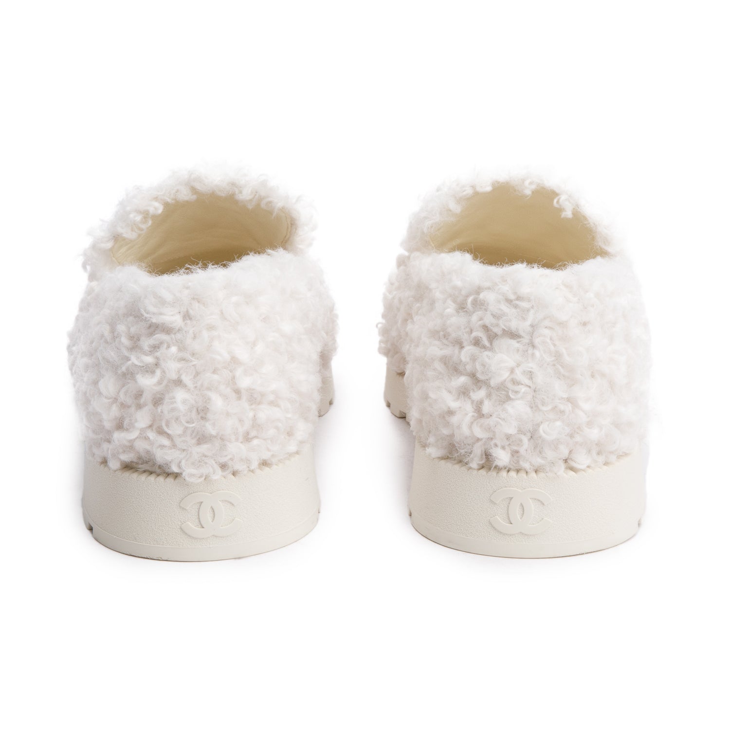 Chanel White Shearling Interlocking CC Logo Loafer, Size 37 w/ Box